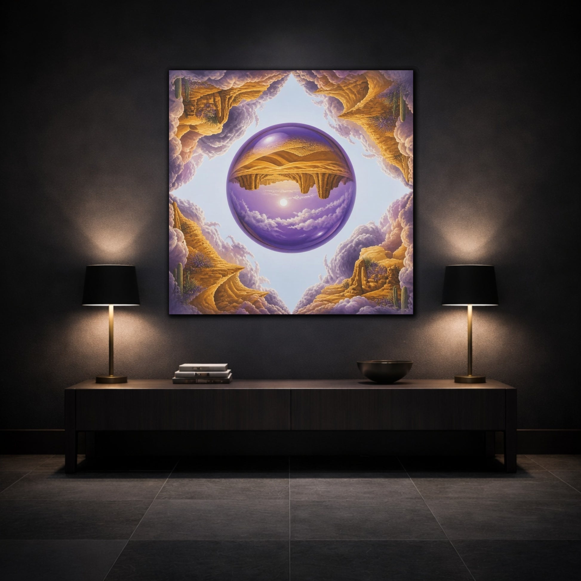 Mockup 3. Violet Glass Sphere Illusion shown as canvas print