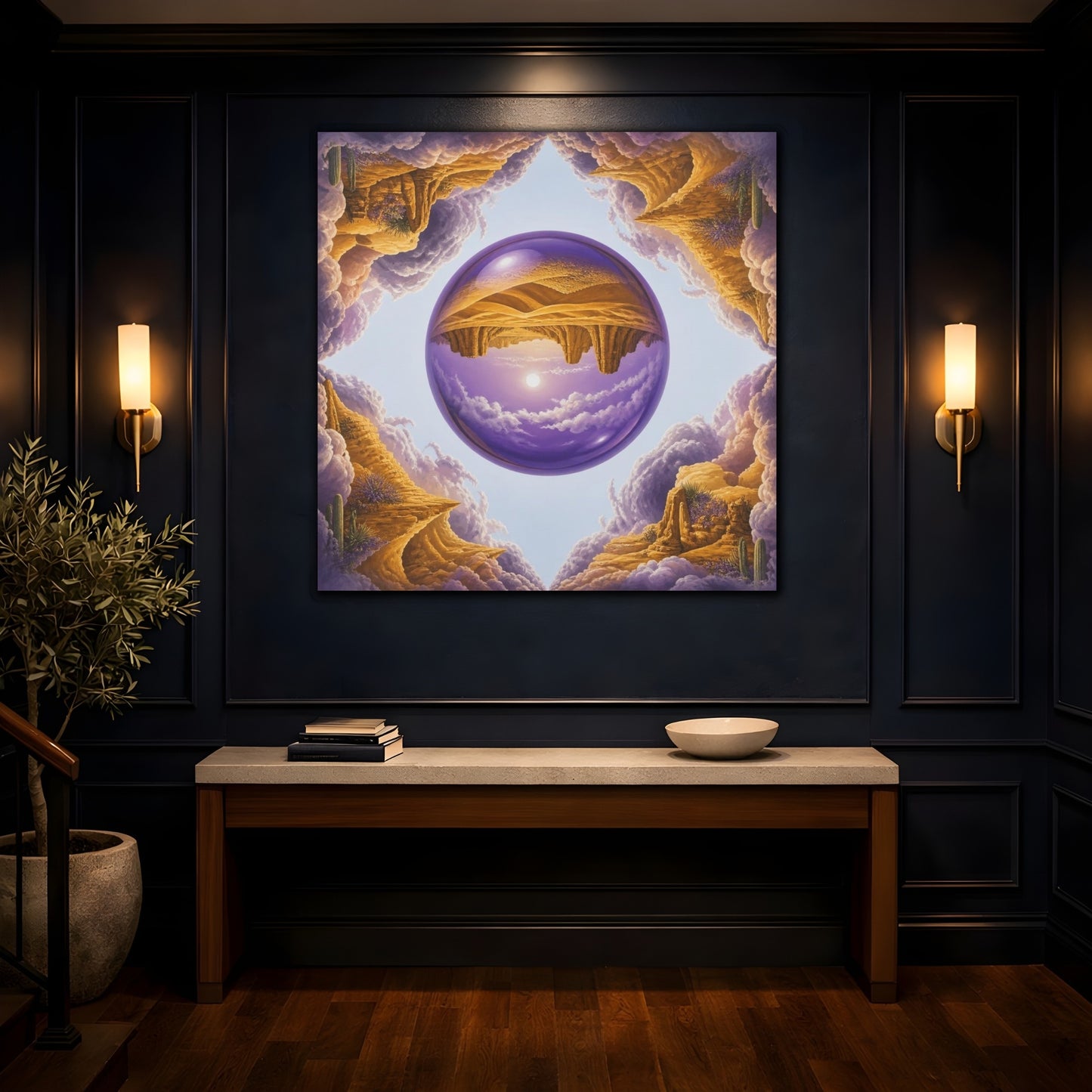 Mockup 4. Violet Glass Sphere Illusion shown as canvas print