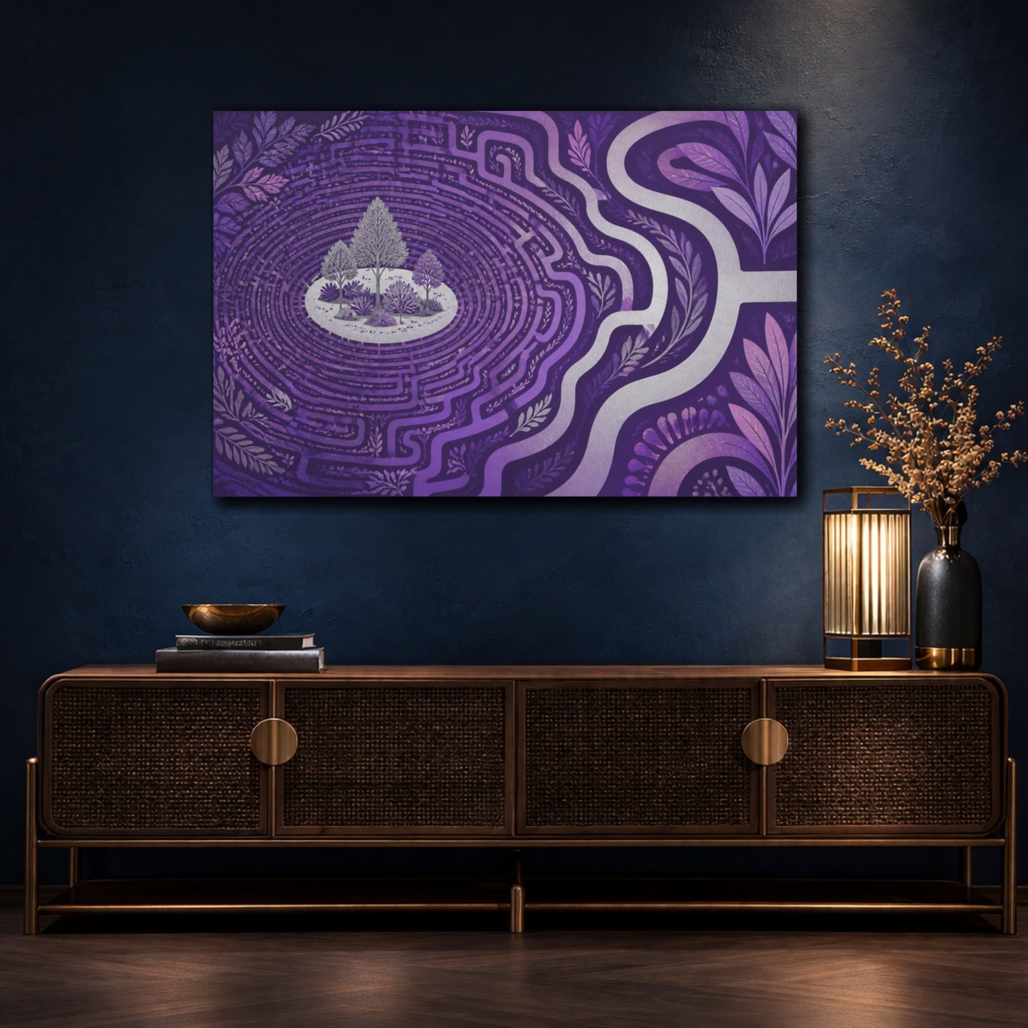 Mockup 4. Violet Labyrinth Isle shown as canvas print