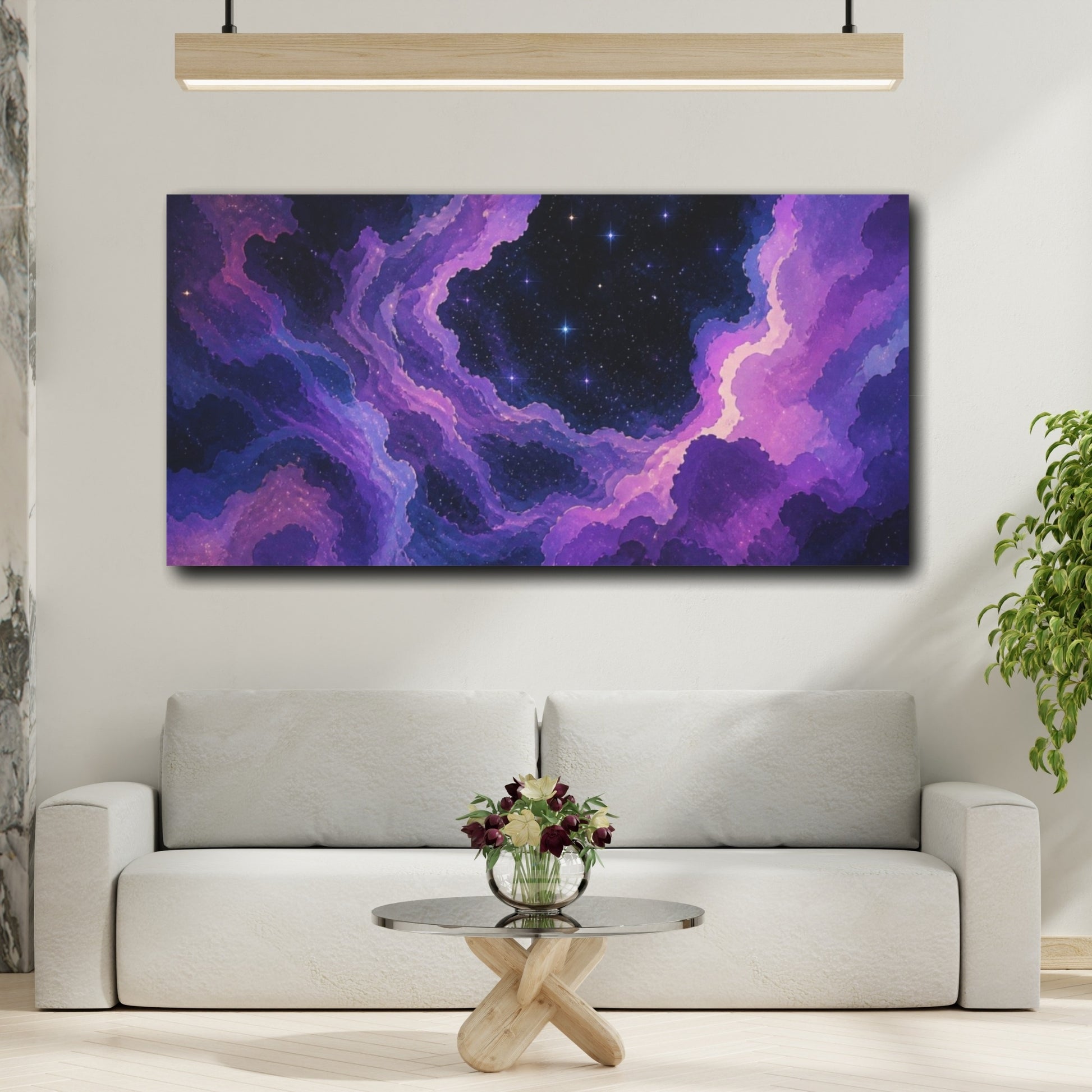 Mockup 2. Violet Nebula Starscape shown as canvas print