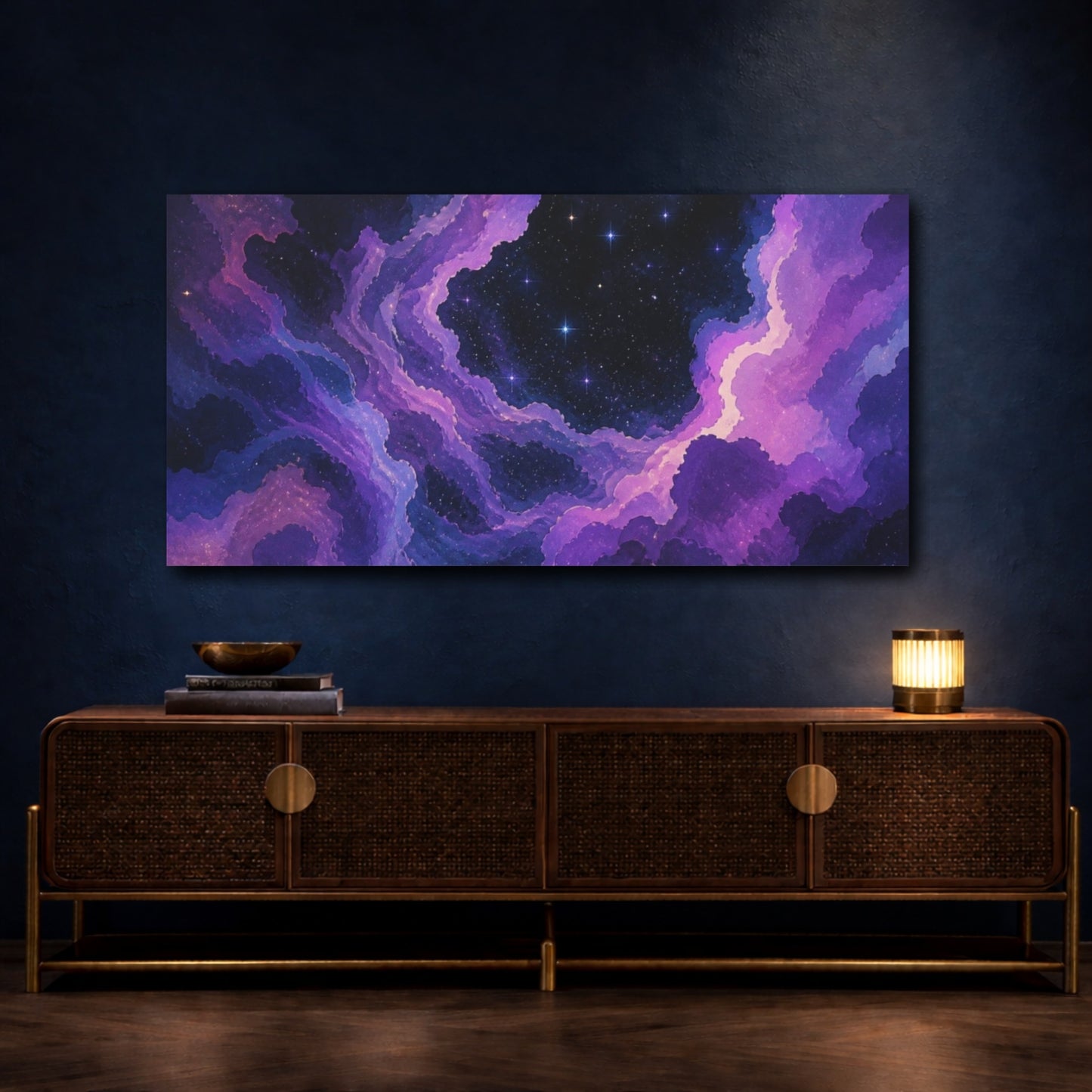 Mockup 4. Violet Nebula Starscape shown as canvas print