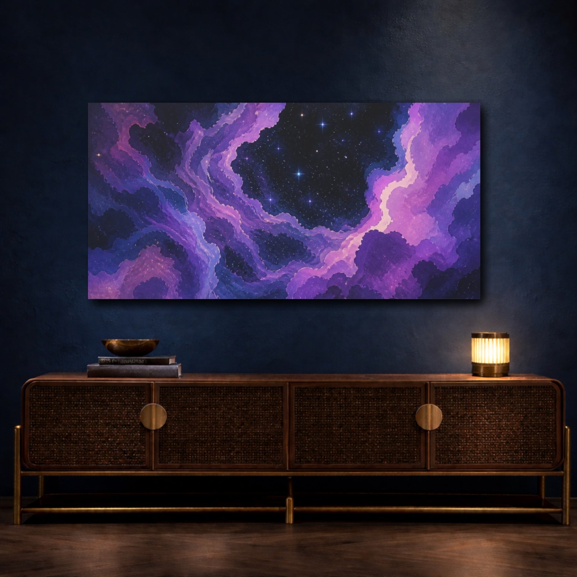 Mockup 4. Violet Nebula Starscape shown as canvas print