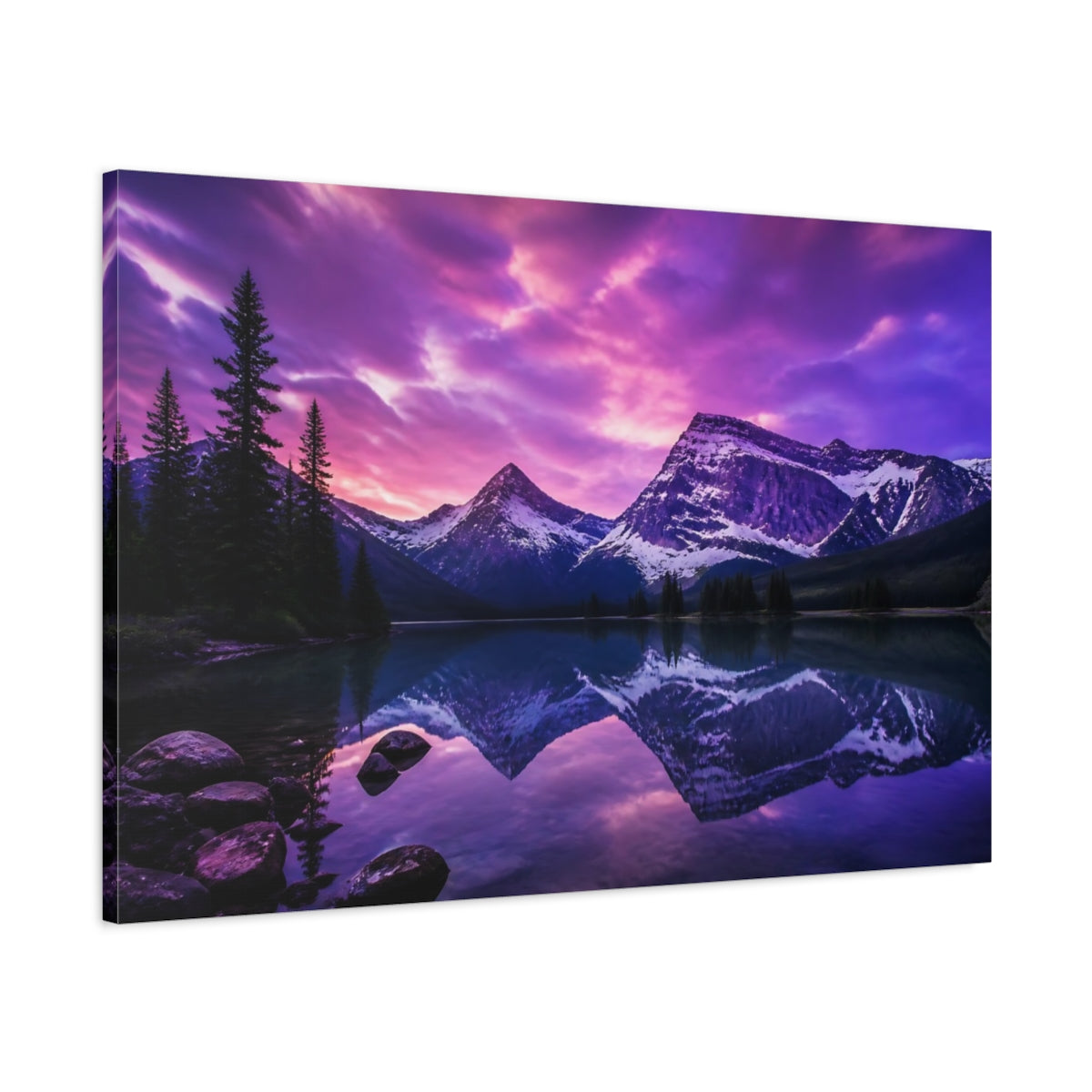 Main Mockup. Violet Twilight Mountain Lake shown as canvas print