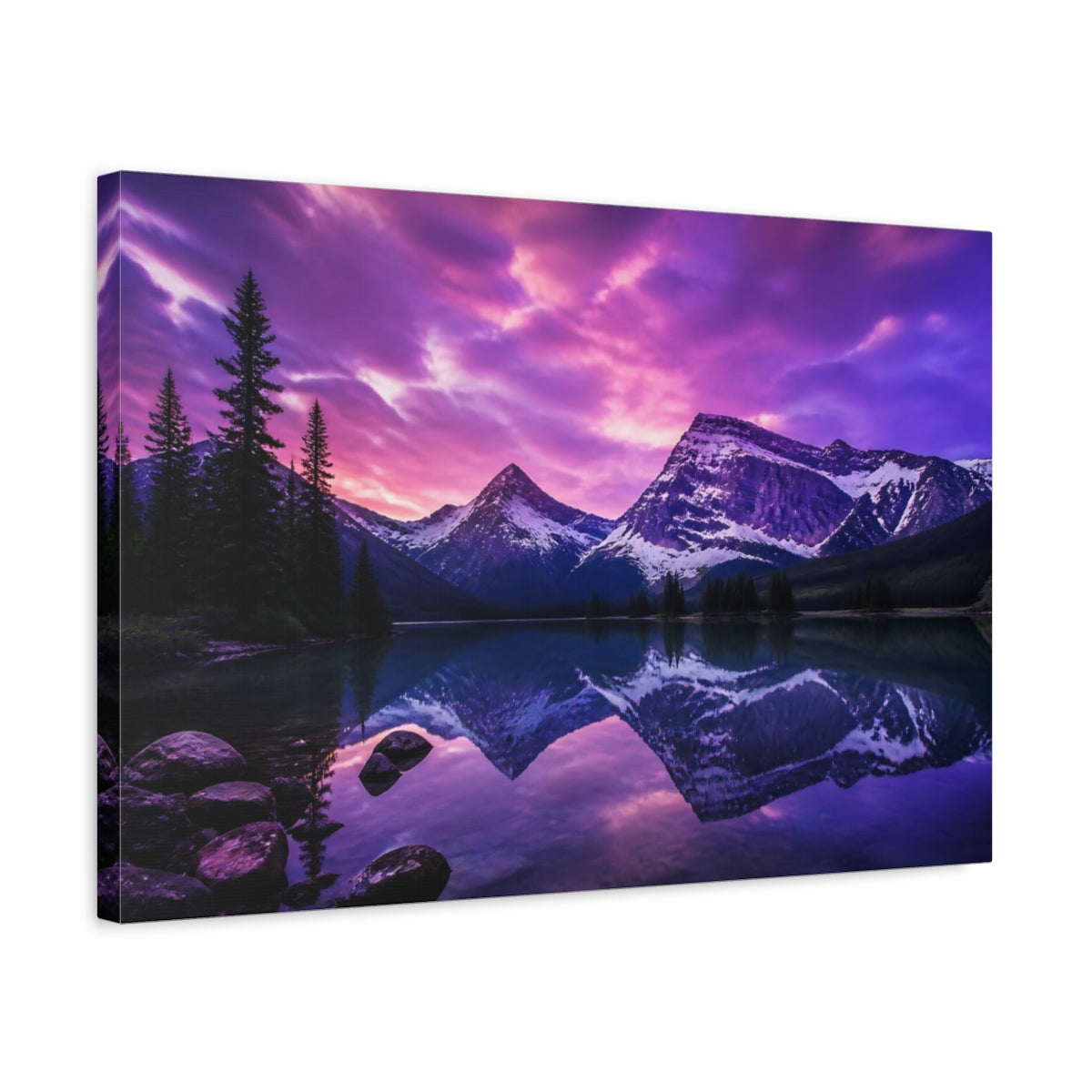 Side Mockup 3. Violet Twilight Mountain Lake shown as canvas print