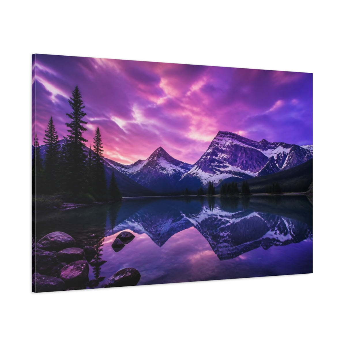 Side Mockup 1. Violet Twilight Mountain Lake shown as canvas print