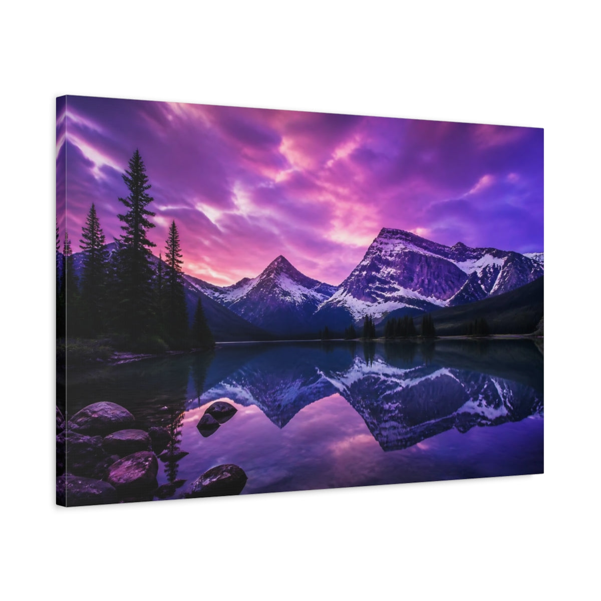 Side Mockup 2. Violet Twilight Mountain Lake shown as canvas print