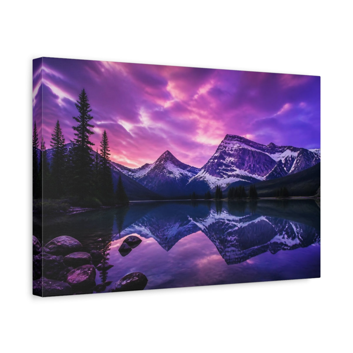 Side Mockup 4. Violet Twilight Mountain Lake shown as canvas print