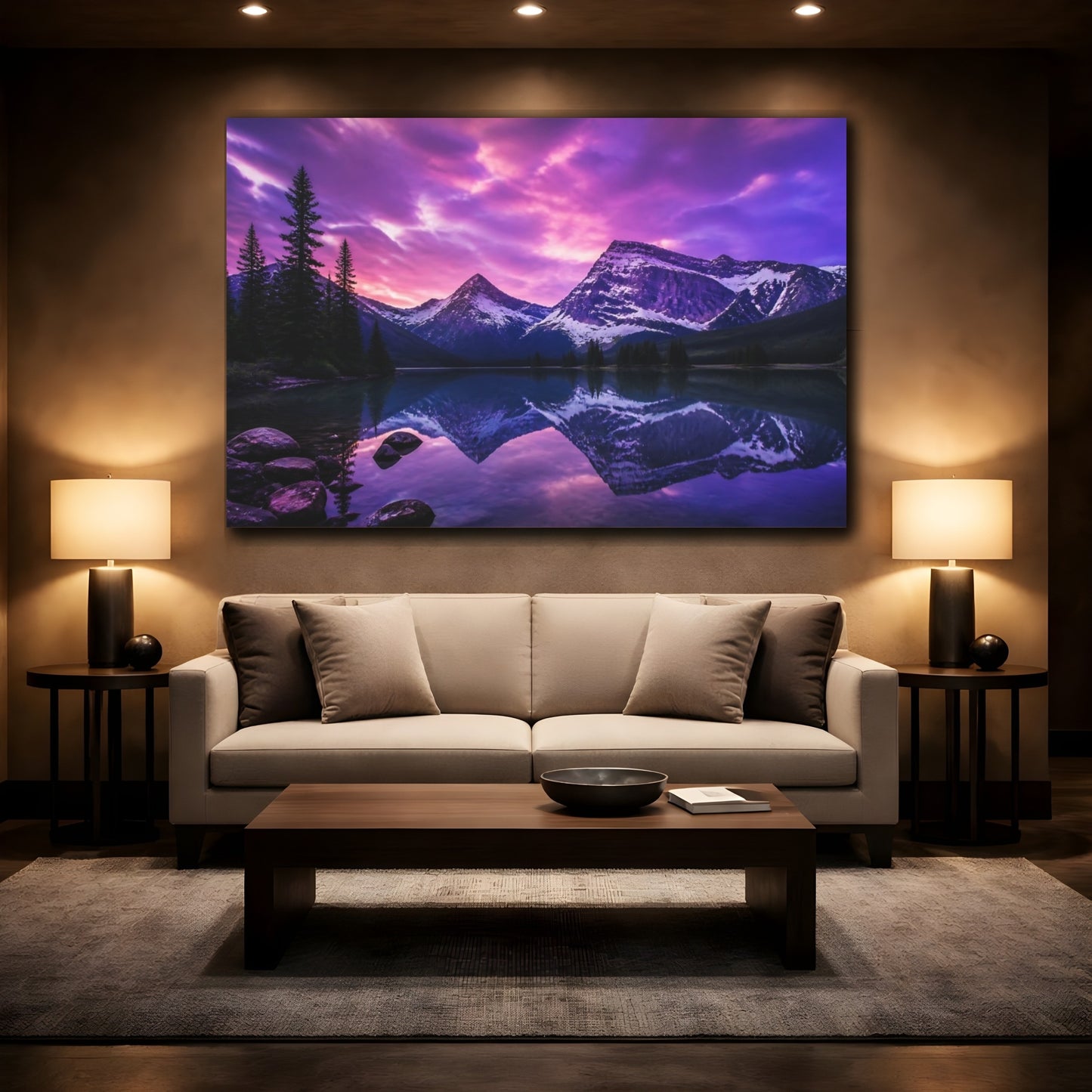 Mockup 2. Violet Twilight Mountain Lake shown as canvas print