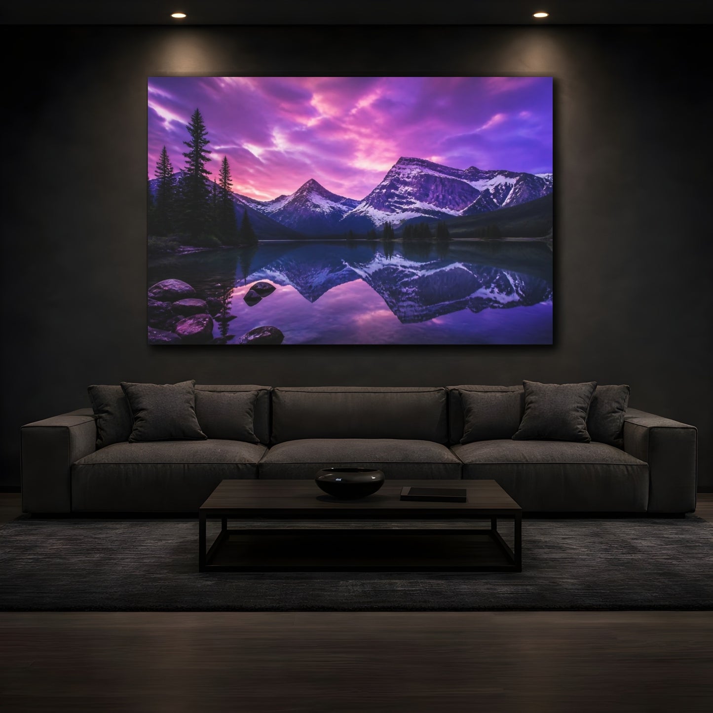 Mockup 3. Violet Twilight Mountain Lake shown as canvas print