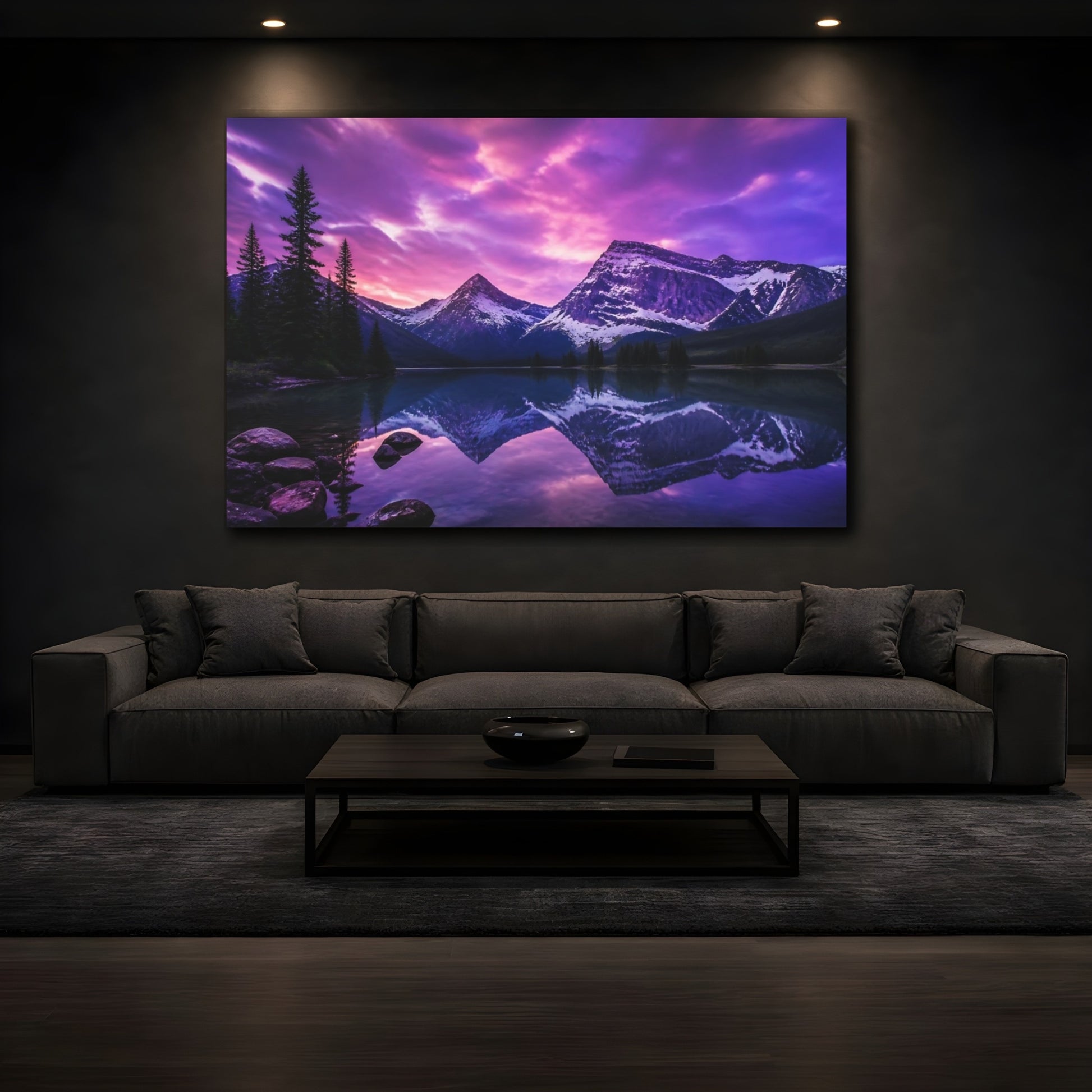 Mockup 3. Violet Twilight Mountain Lake shown as canvas print
