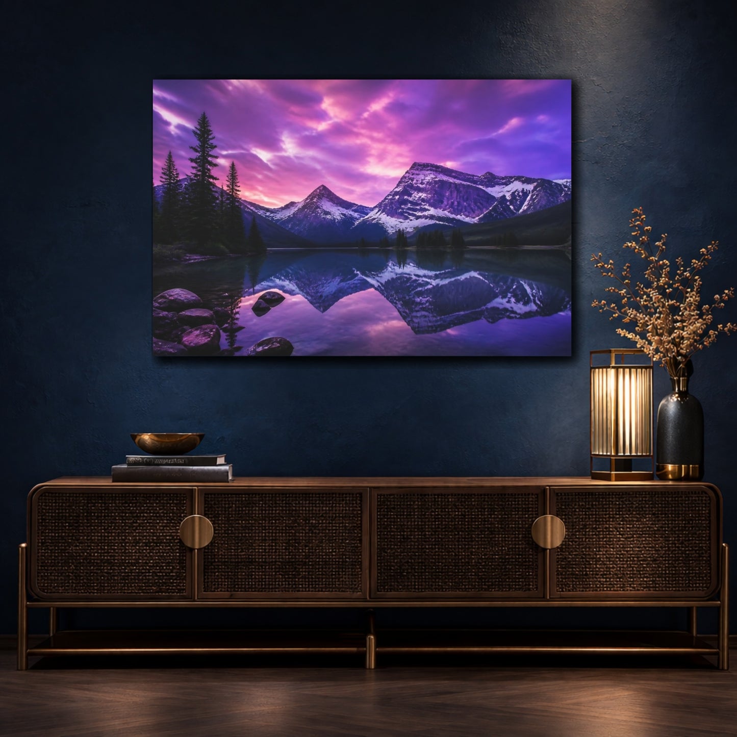 Mockup 4. Violet Twilight Mountain Lake shown as canvas print
