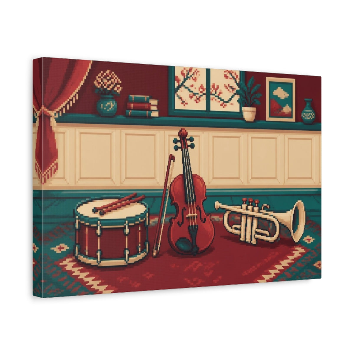 Side Mockup 4. Violin, Drum & Trumpet shown as canvas print