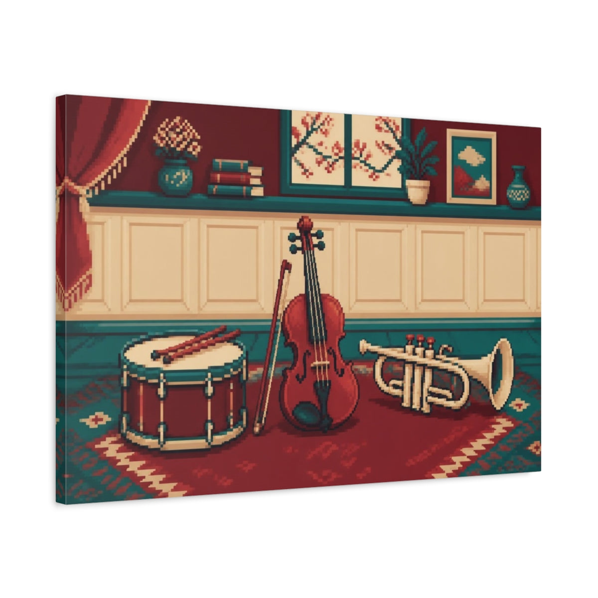 Side Mockup 2. Violin, Drum & Trumpet shown as canvas print