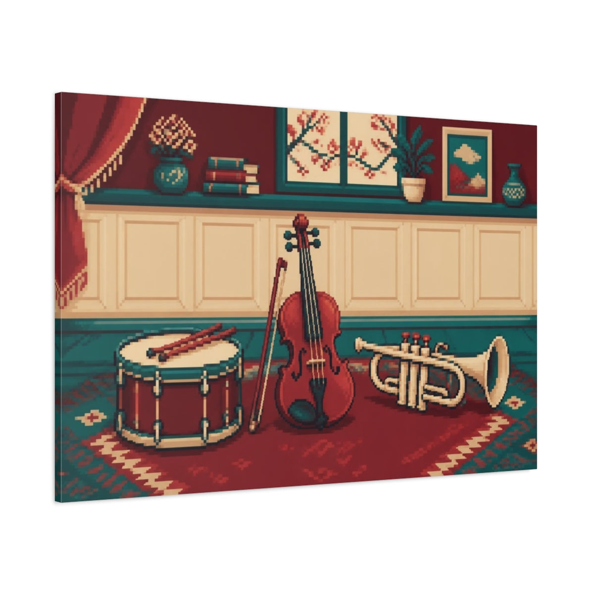 Side Mockup 1. Violin, Drum & Trumpet shown as canvas print
