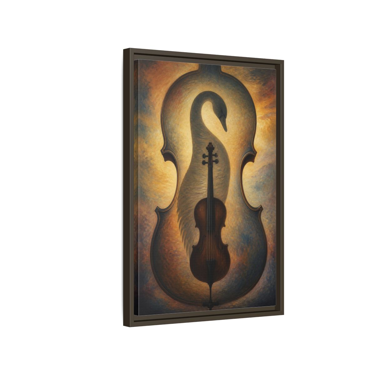 Side Mockup 2. Violin Swan Illusion shown as framed canvas print