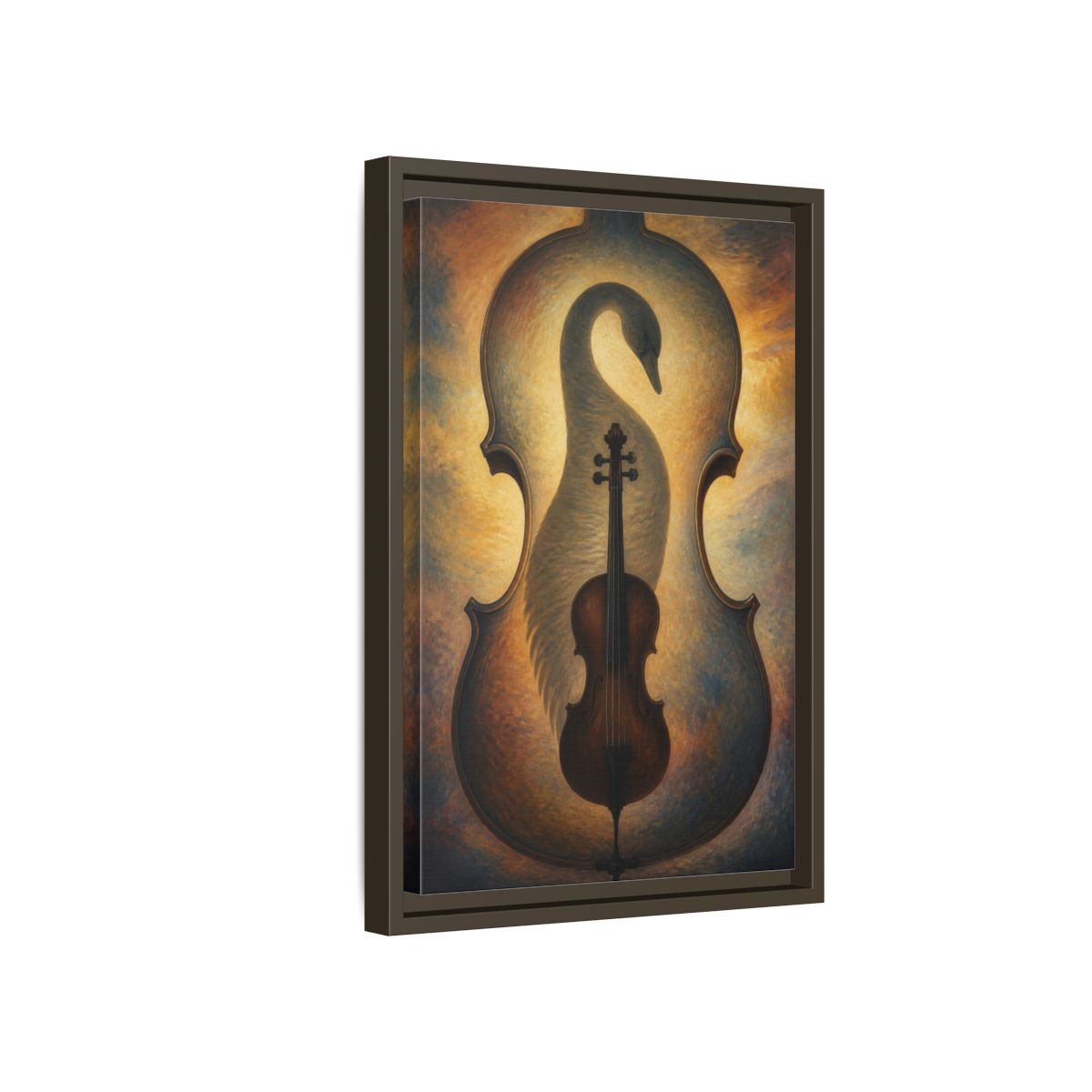 Side Mockup 5. Violin Swan Illusion shown as framed canvas print