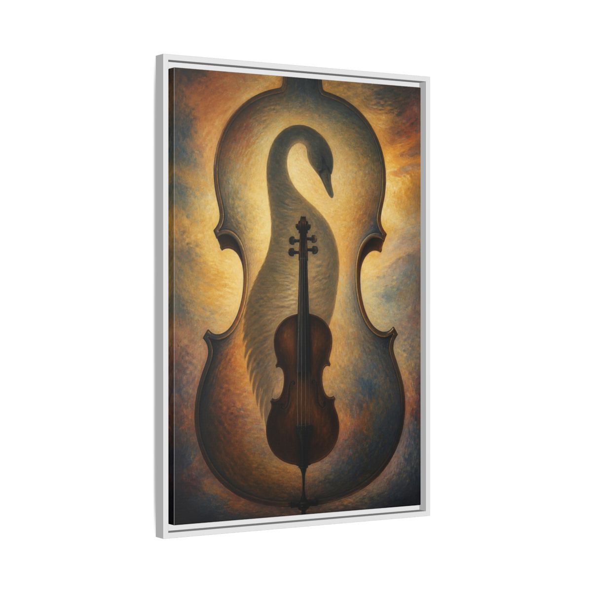 Side Mockup 9. Violin Swan Illusion shown as framed canvas print