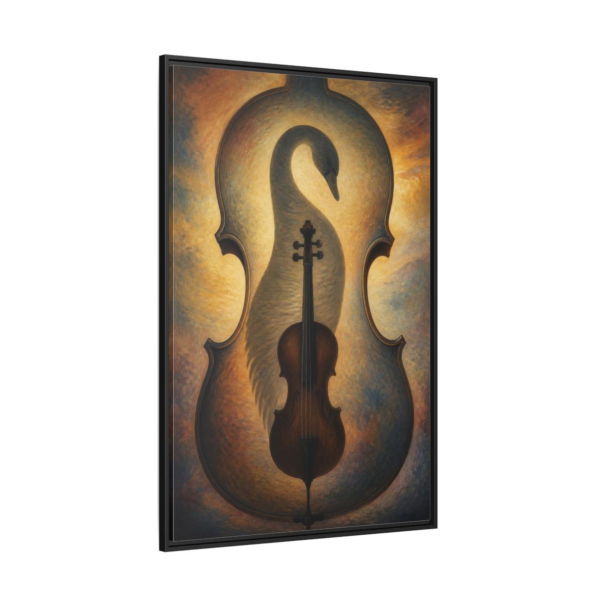 Side Mockup 12. Violin Swan Illusion shown as framed canvas print