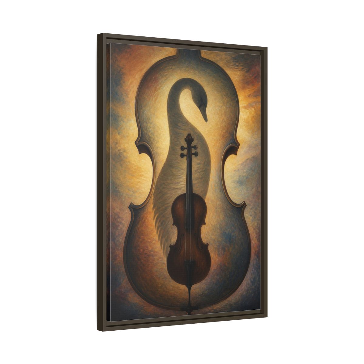 Side Mockup 11. Violin Swan Illusion shown as framed canvas print