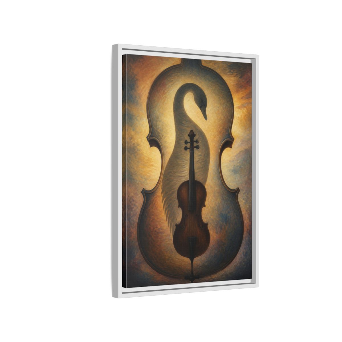 Side Mockup 1. Violin Swan Illusion shown as framed canvas print