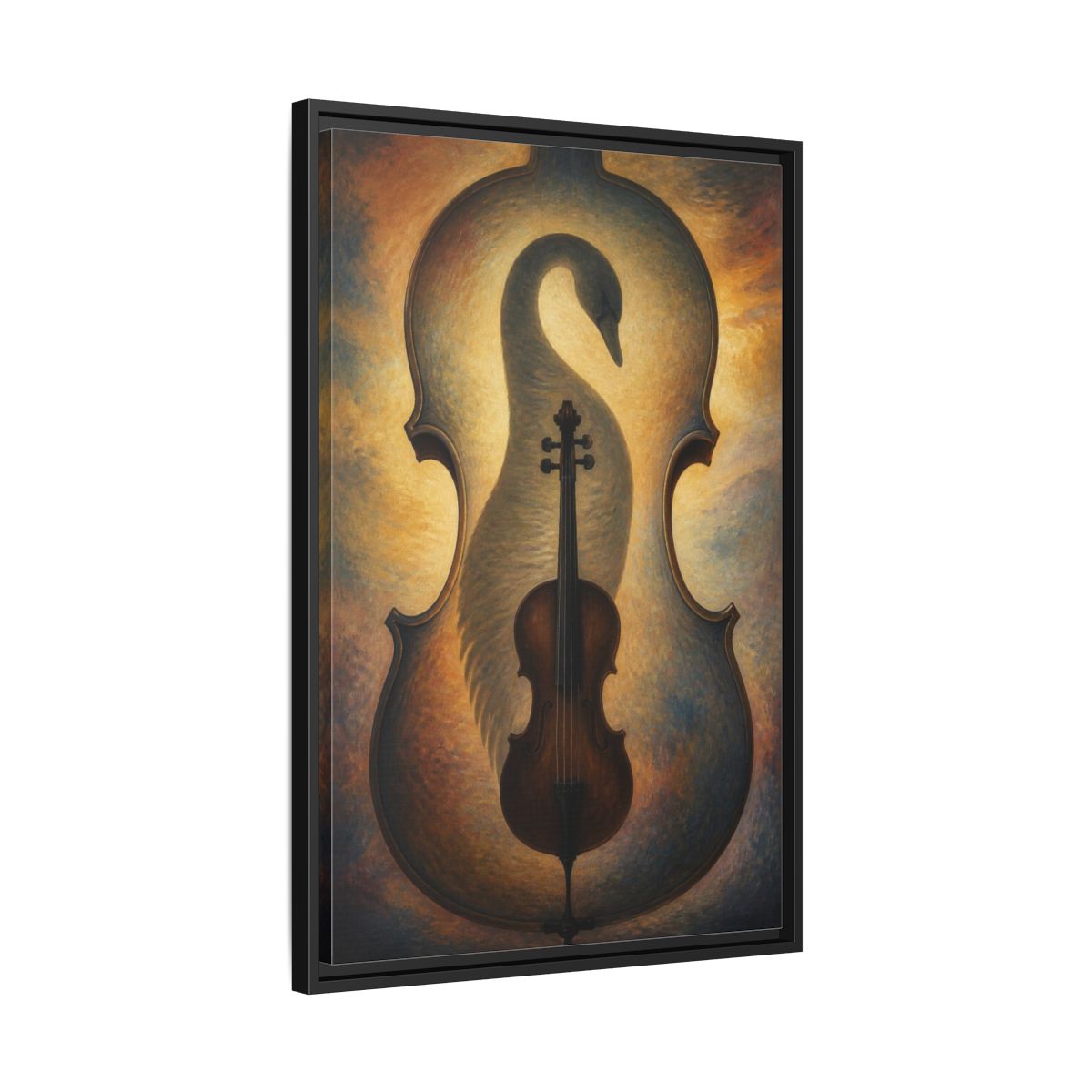 Side Mockup 14. Violin Swan Illusion shown as framed canvas print