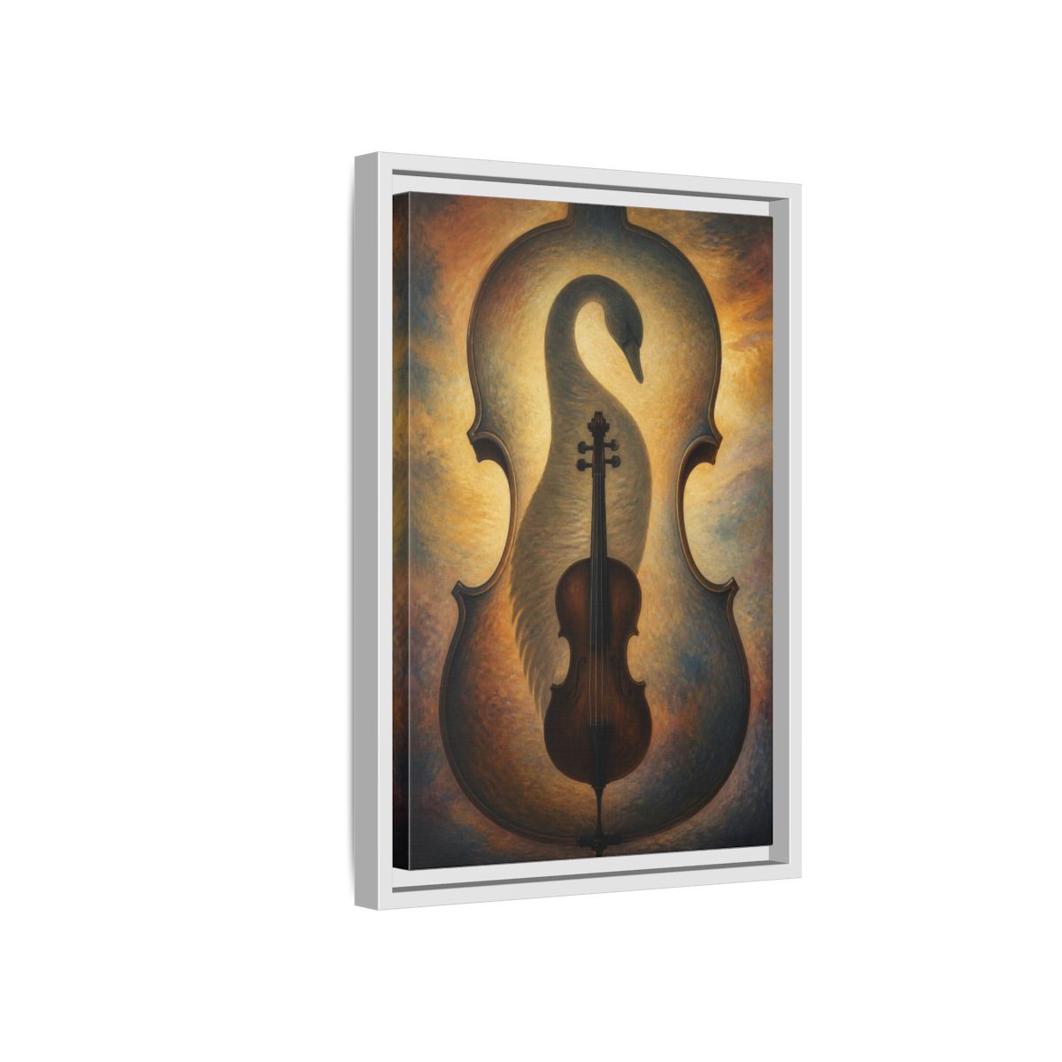 Side Mockup 4. Violin Swan Illusion shown as framed canvas print