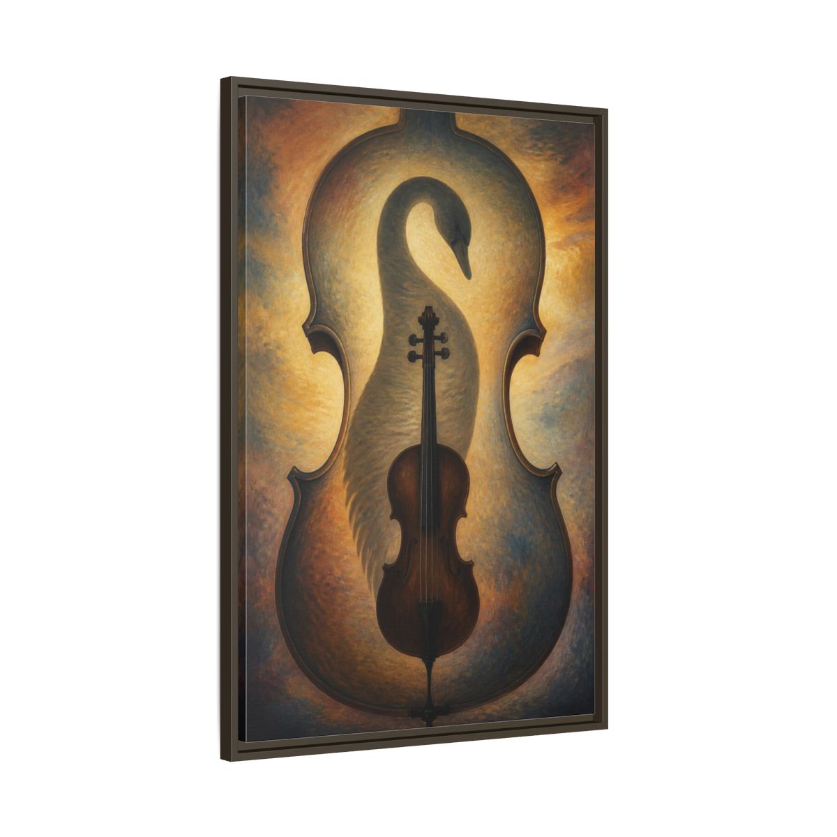 Main Mockup. Violin Swan Illusion shown as framed canvas print