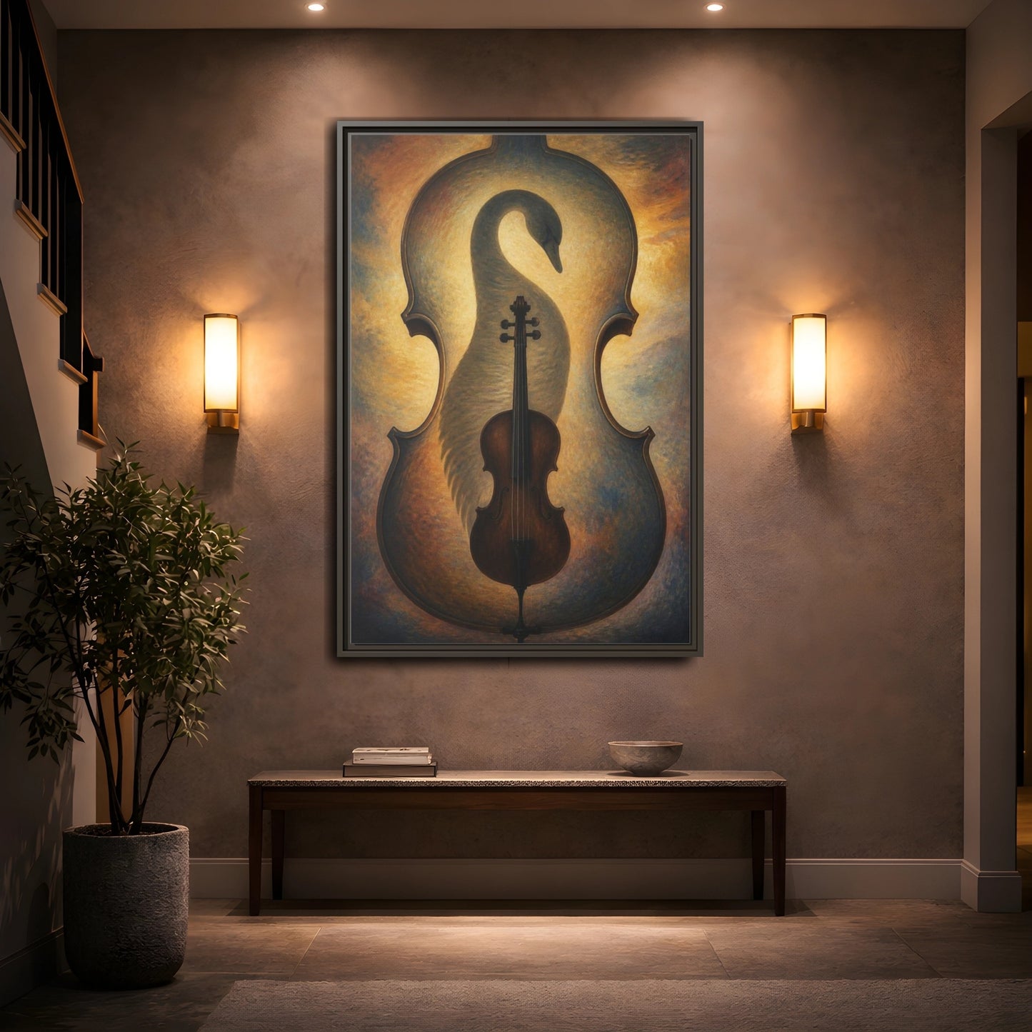 Mockup 2. Violin Swan Illusion shown as framed canvas print