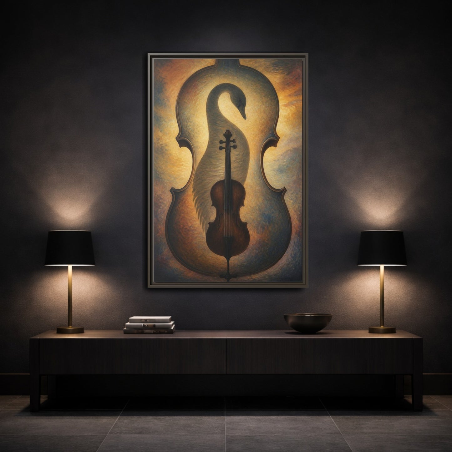 Mockup 3. Violin Swan Illusion shown as framed canvas print