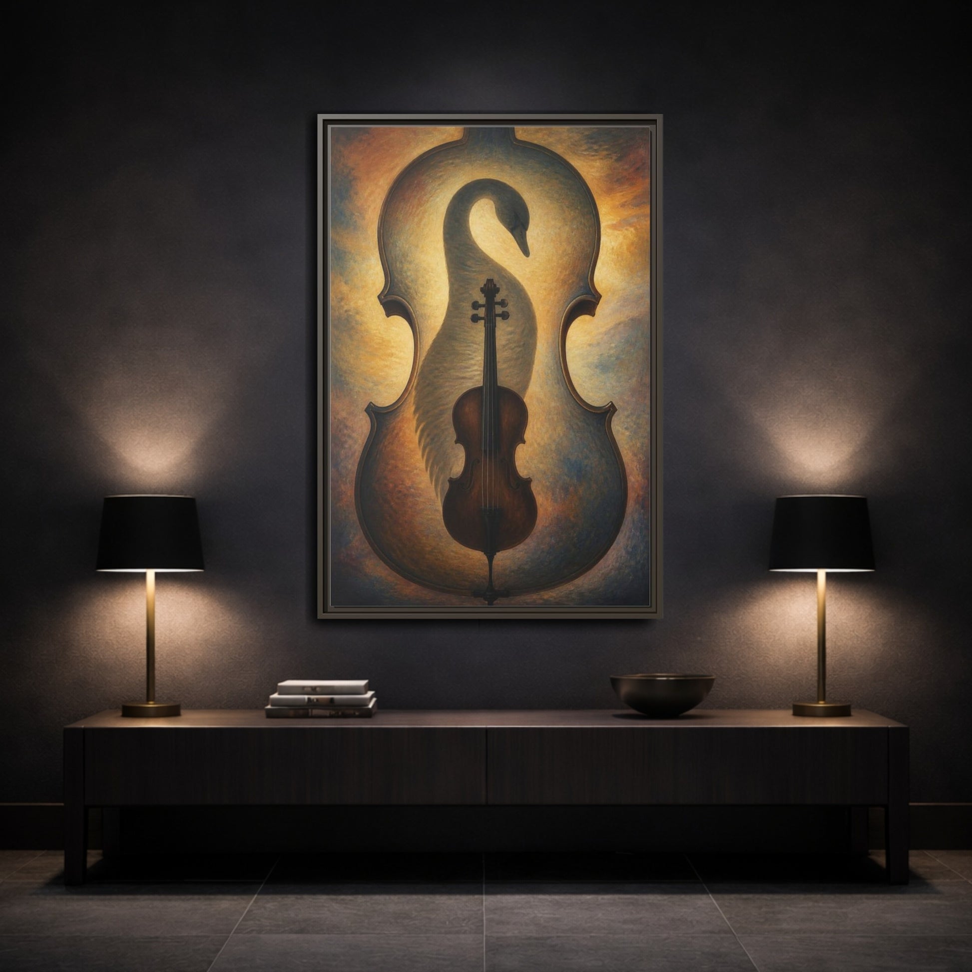Mockup 3. Violin Swan Illusion shown as framed canvas print