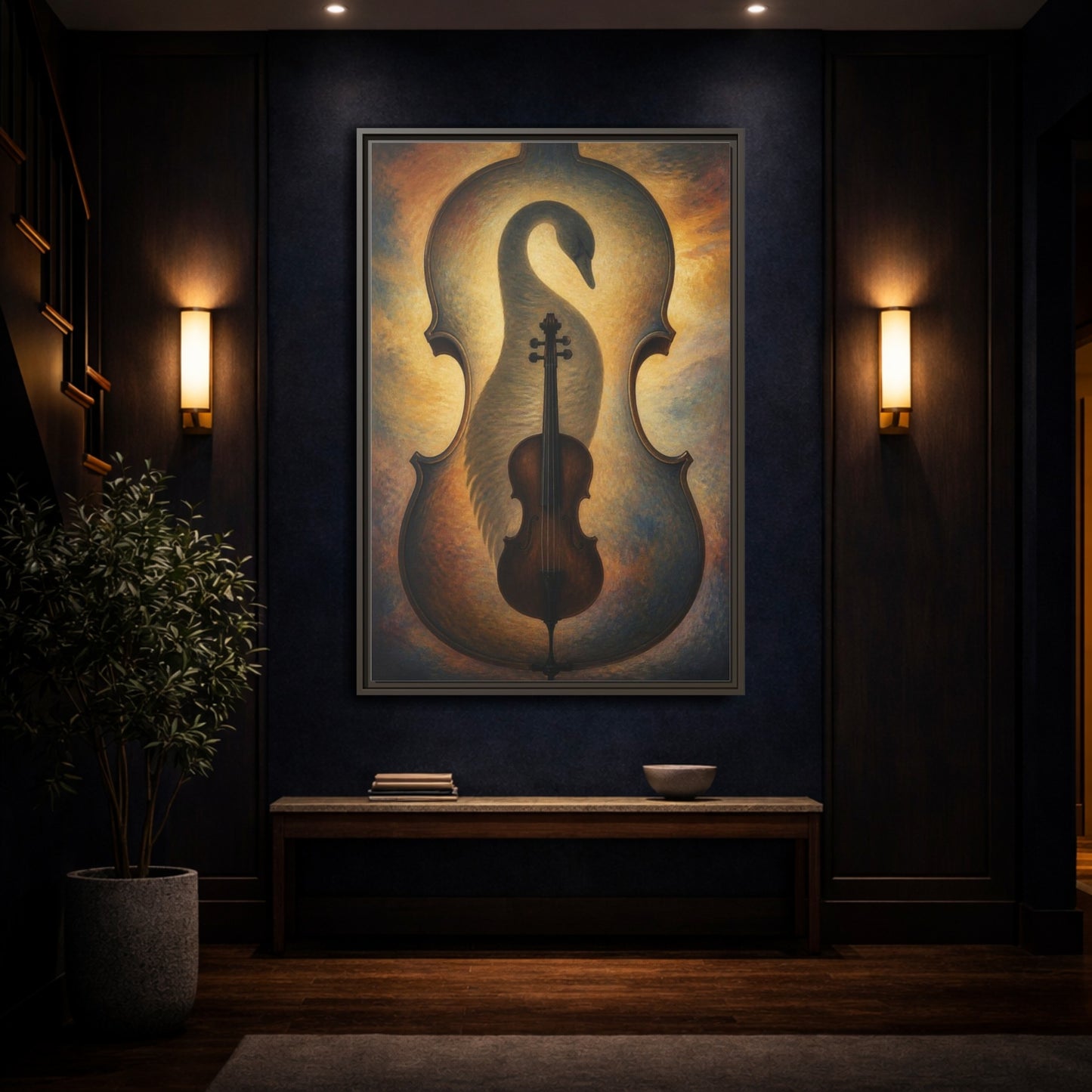 Mockup 4. Violin Swan Illusion shown as framed canvas print