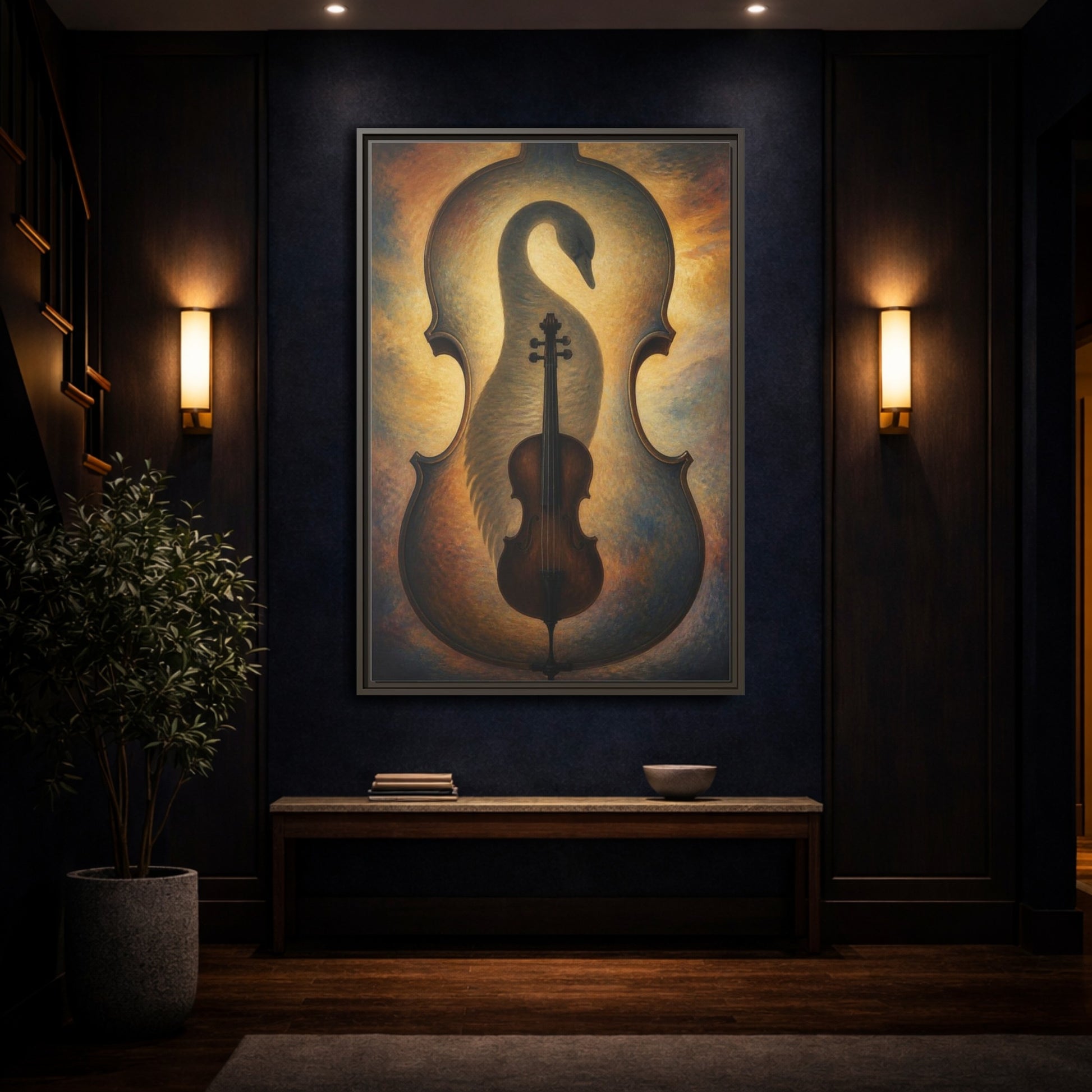 Mockup 4. Violin Swan Illusion shown as framed canvas print