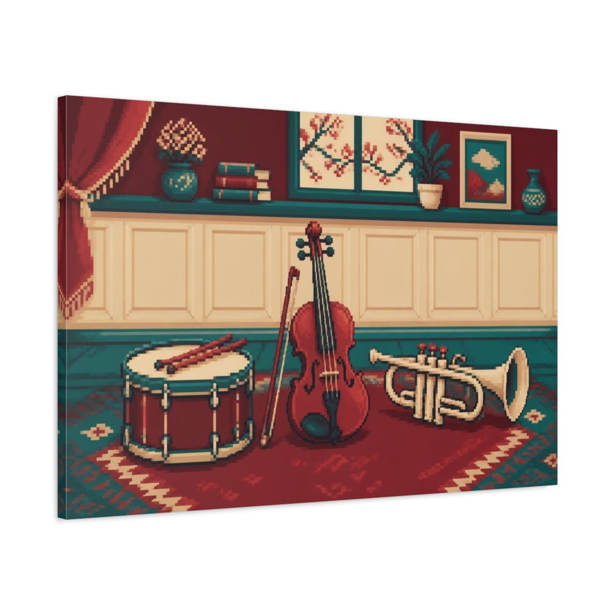 Main Mockup. Violin, Drum & Trumpet shown as canvas print
