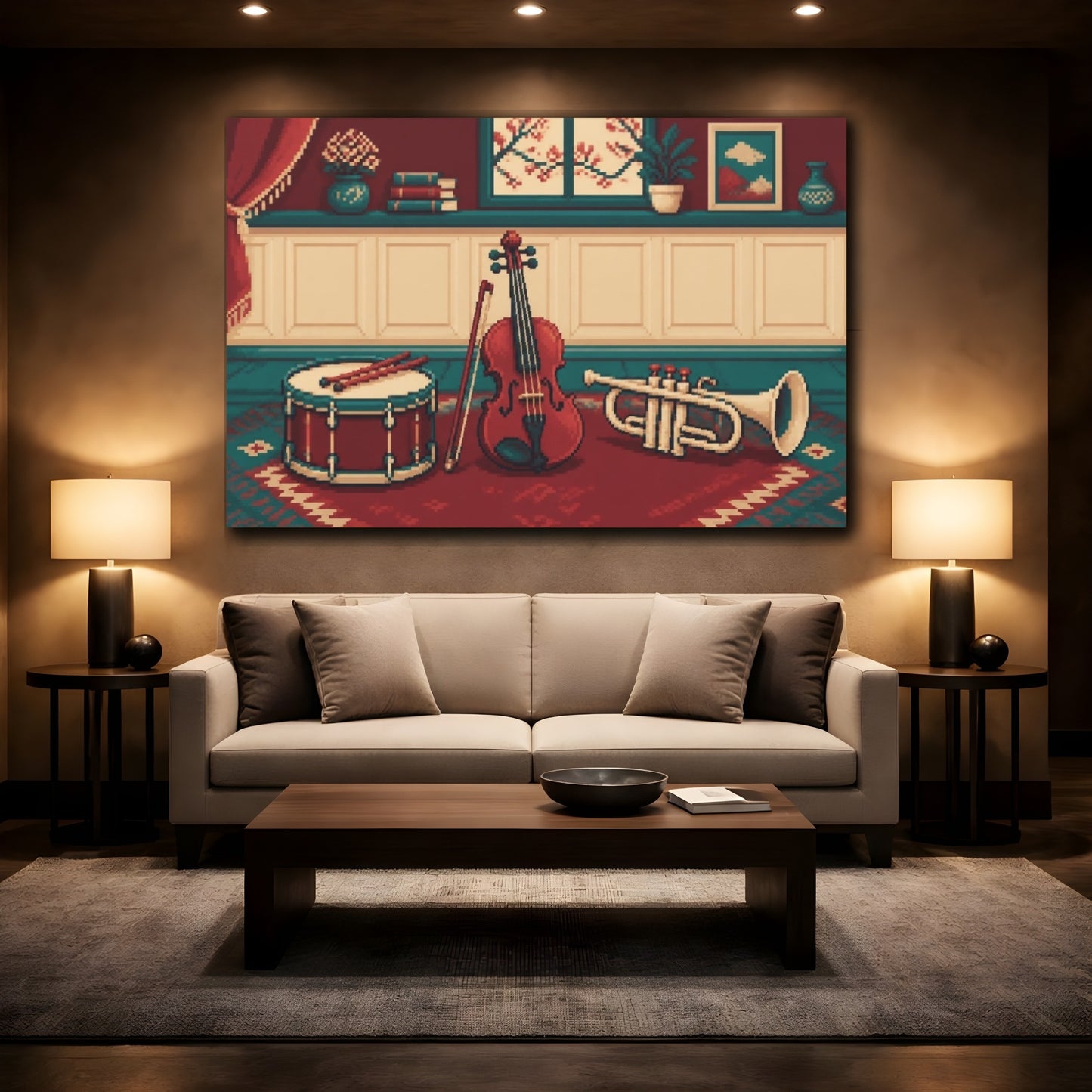 Mockup 2. Violin, Drum & Trumpet shown as canvas print