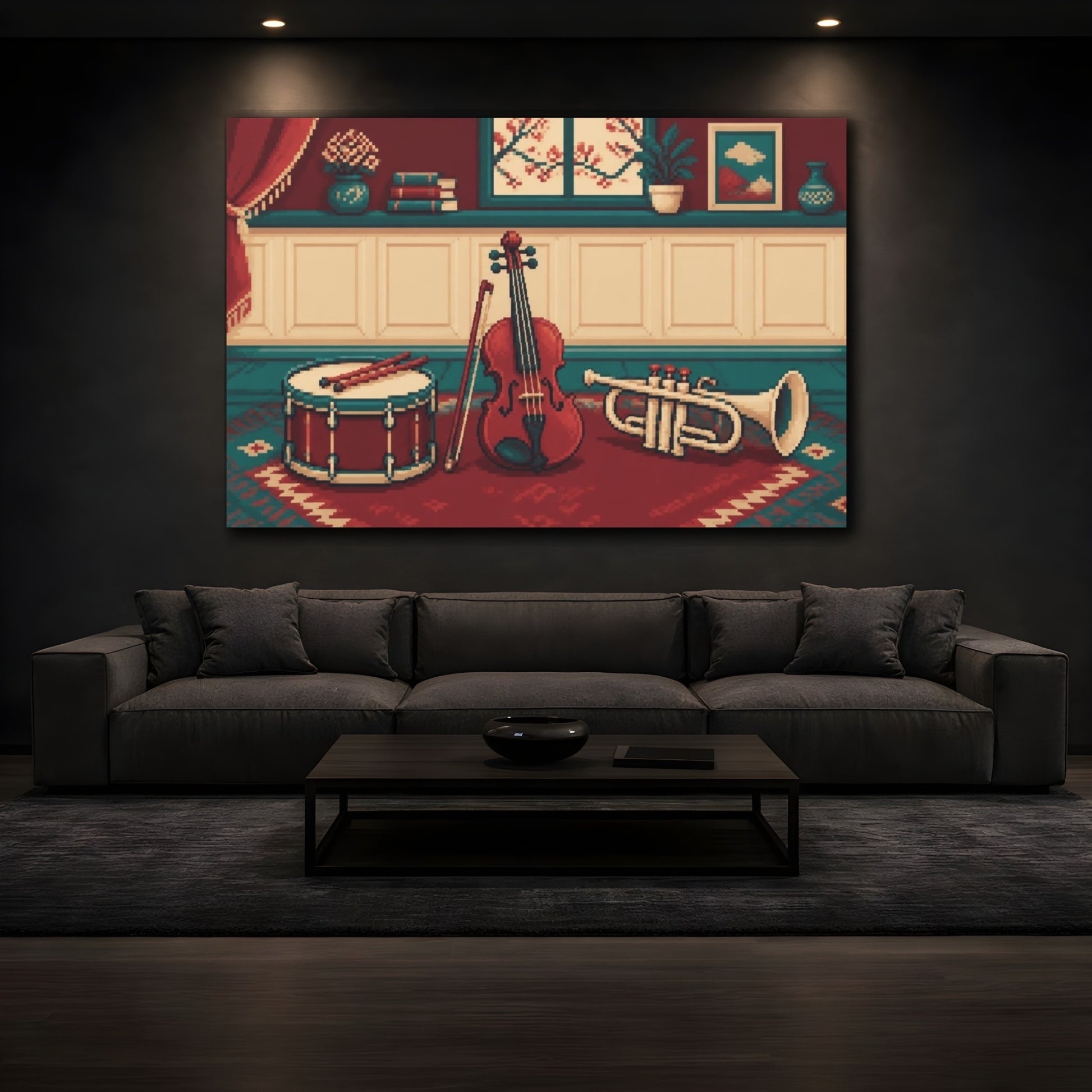 Mockup 3. Violin, Drum & Trumpet shown as canvas print