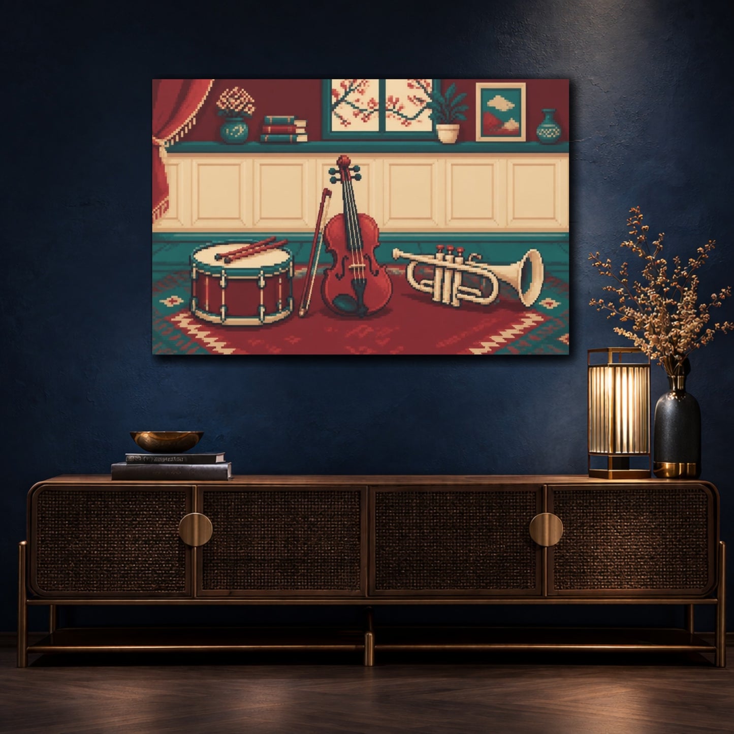 Mockup 4. Violin, Drum & Trumpet shown as canvas print
