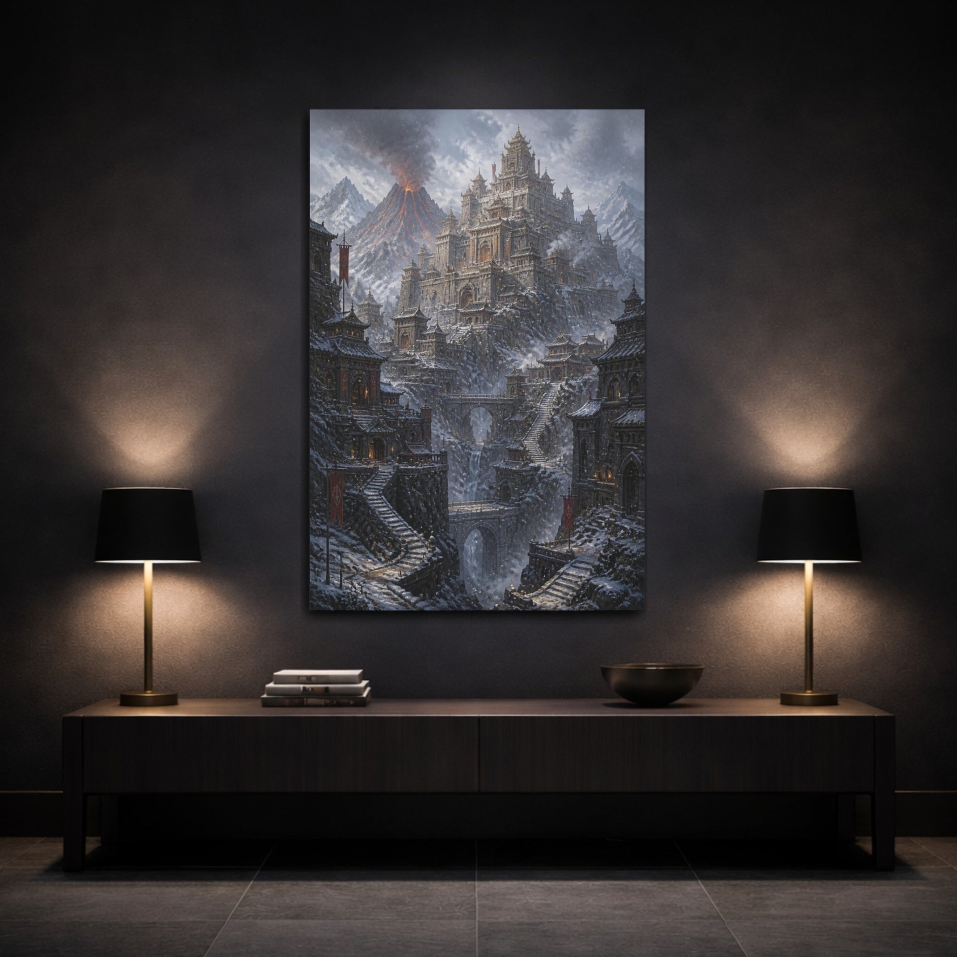 Mockup 3. Volcanic Mountain Fortress shown as canvas print
