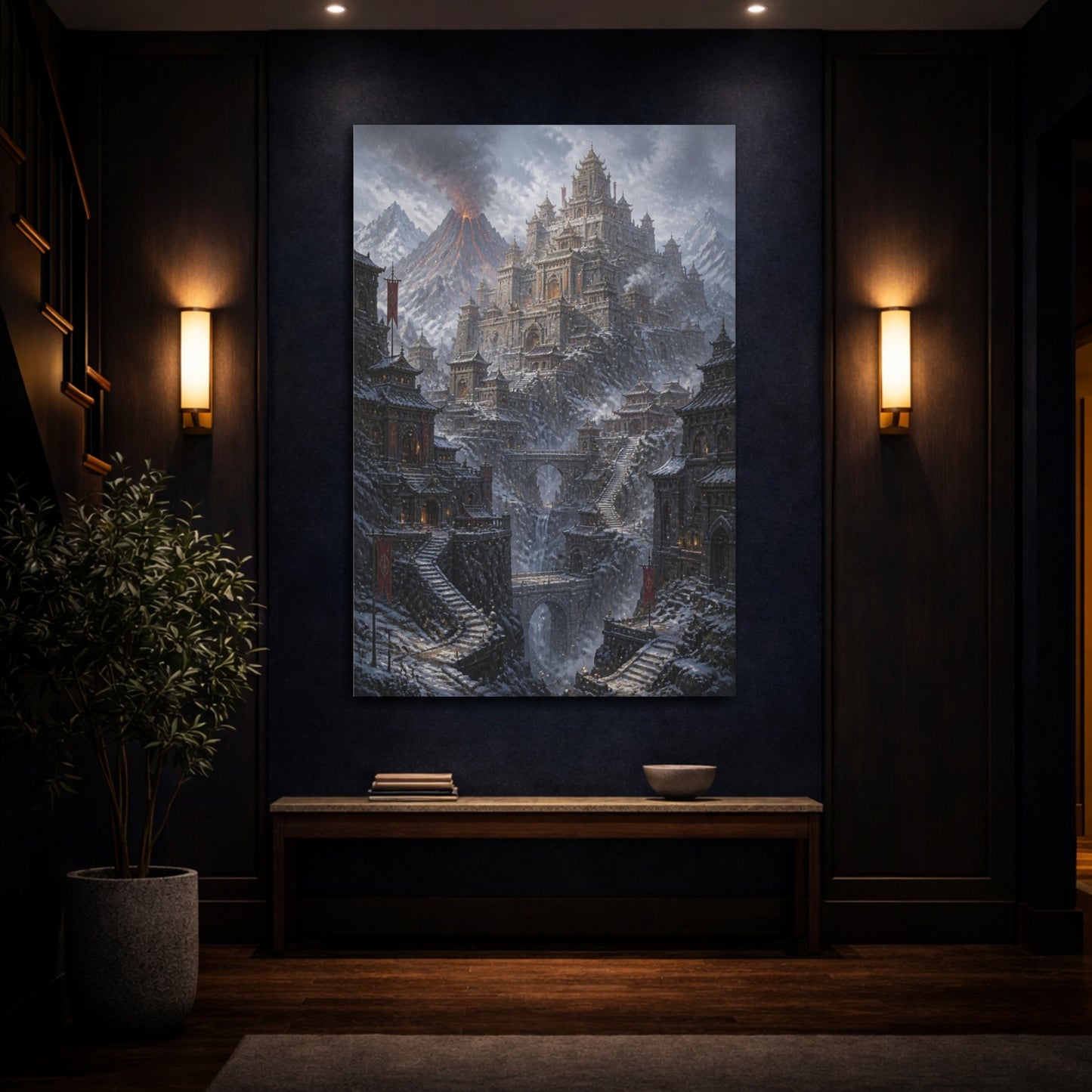 Mockup 4. Volcanic Mountain Fortress shown as canvas print
