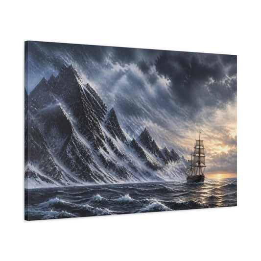 Main Mockup. Voyage Past Snow Peaks shown as canvas print