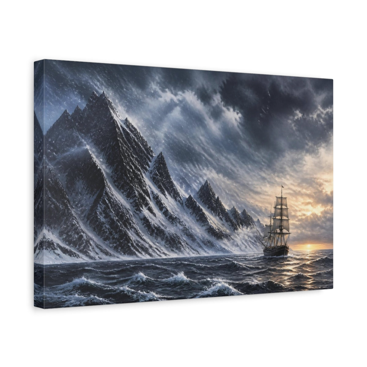 Side Mockup 4. Voyage Past Snow Peaks shown as canvas print