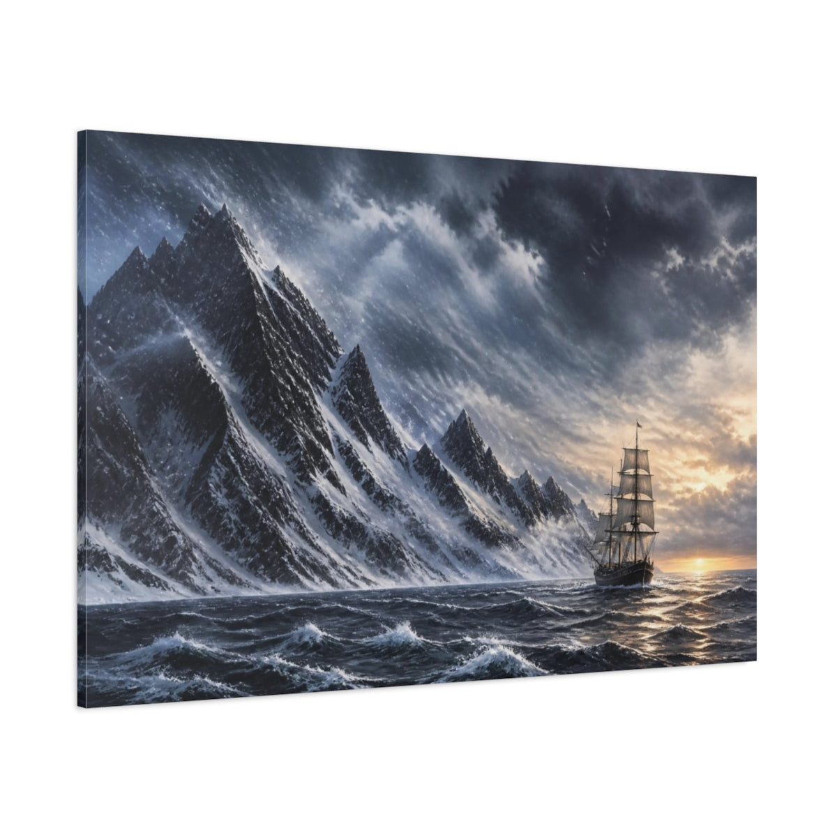 Side Mockup 1. Voyage Past Snow Peaks shown as canvas print