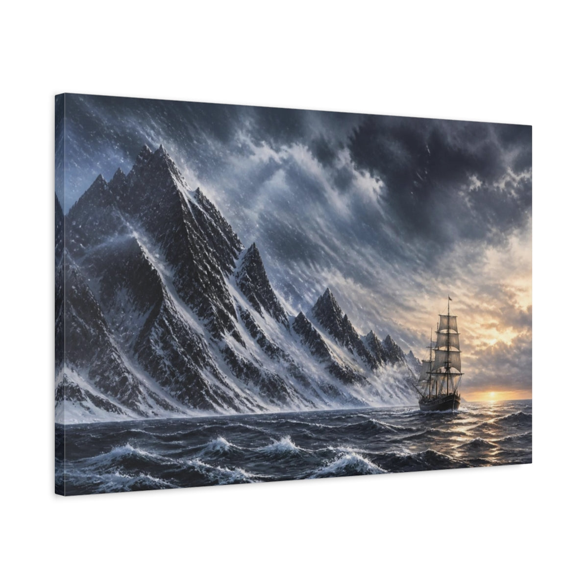 Side Mockup 2. Voyage Past Snow Peaks shown as canvas print