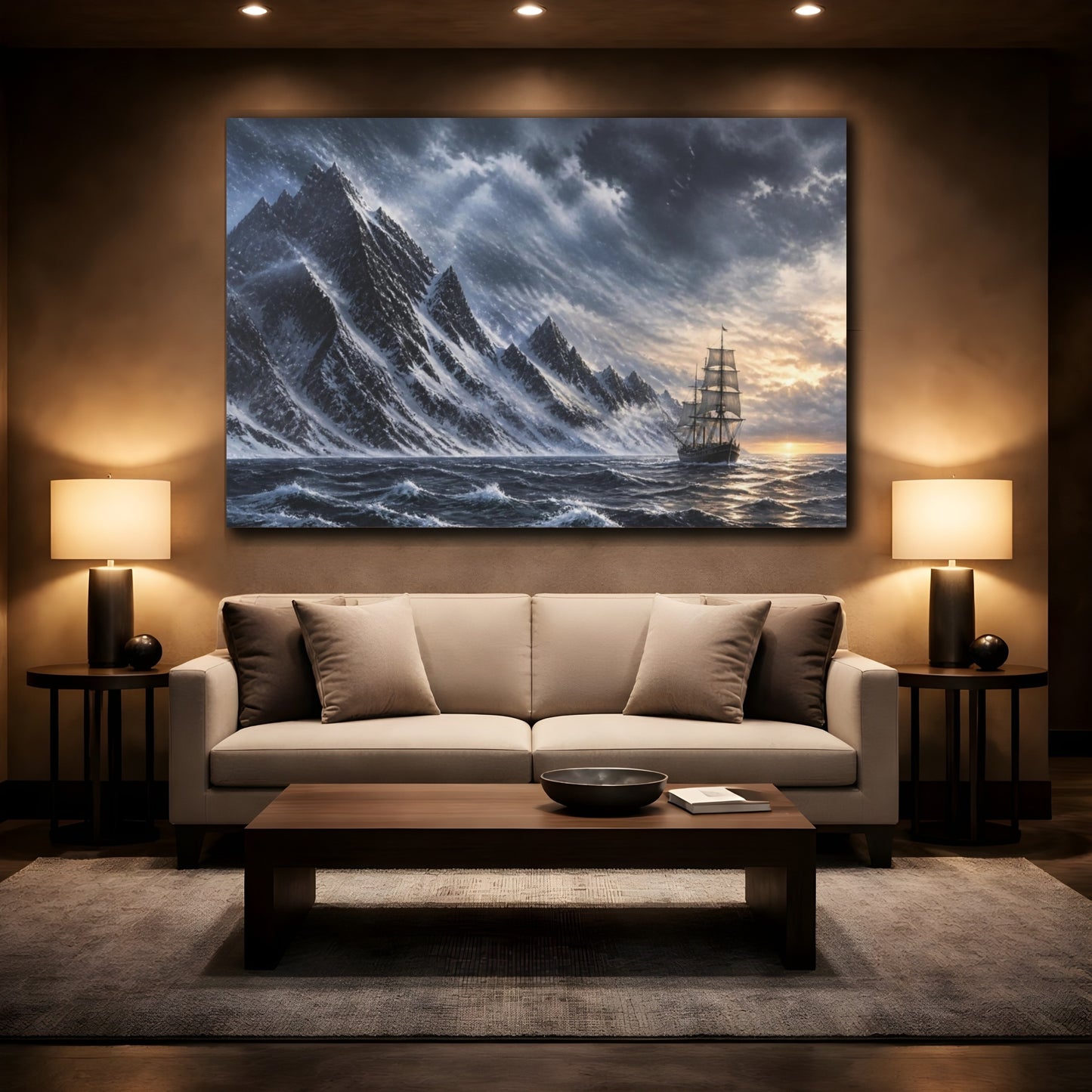 Mockup 2. Voyage Past Snow Peaks shown as canvas print