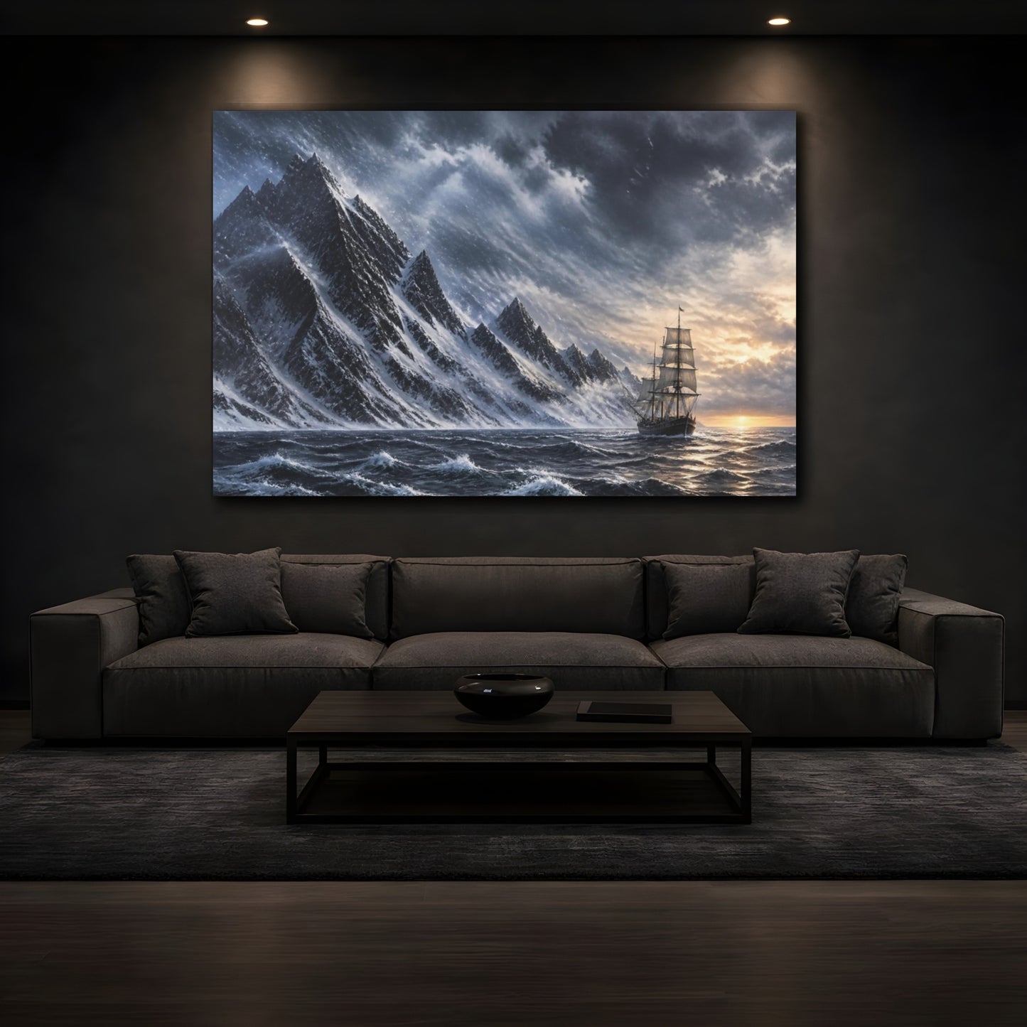 Mockup 3. Voyage Past Snow Peaks shown as canvas print