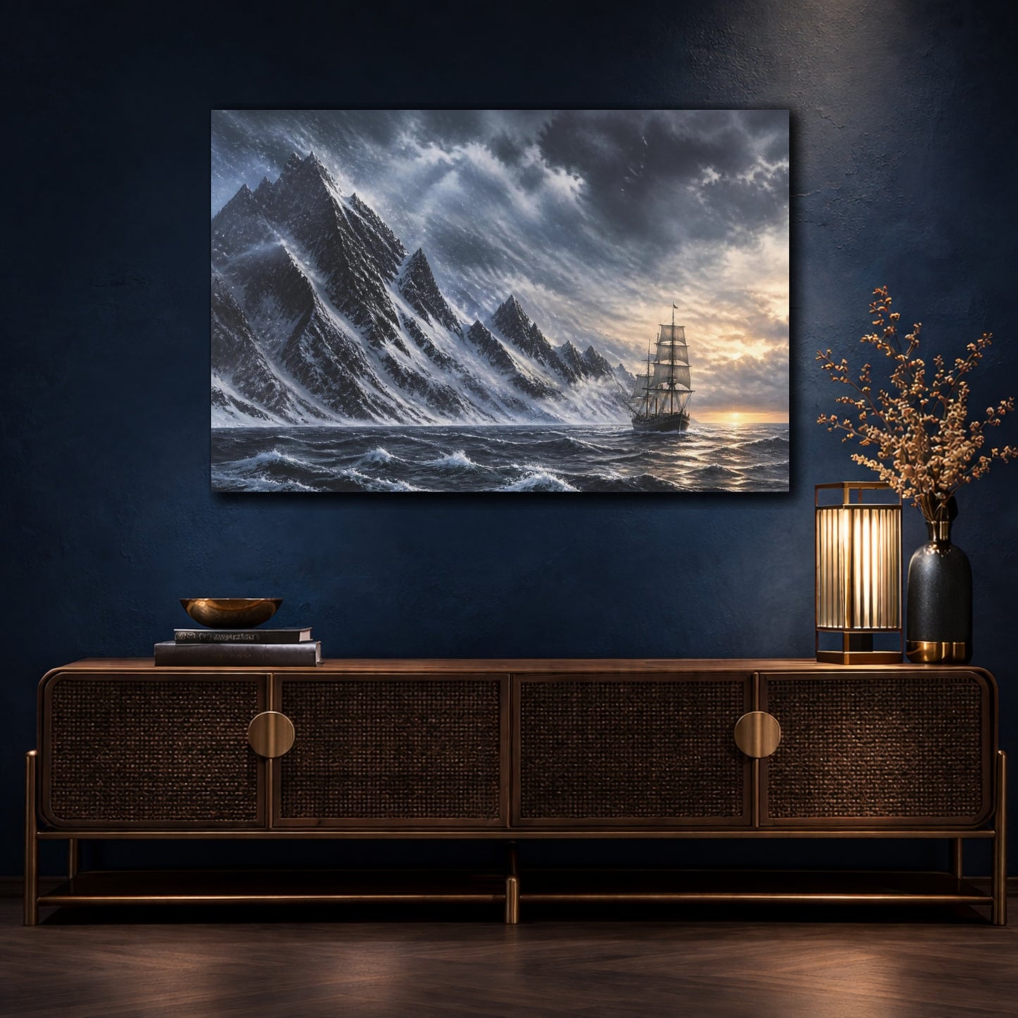 Mockup 4. Voyage Past Snow Peaks shown as canvas print