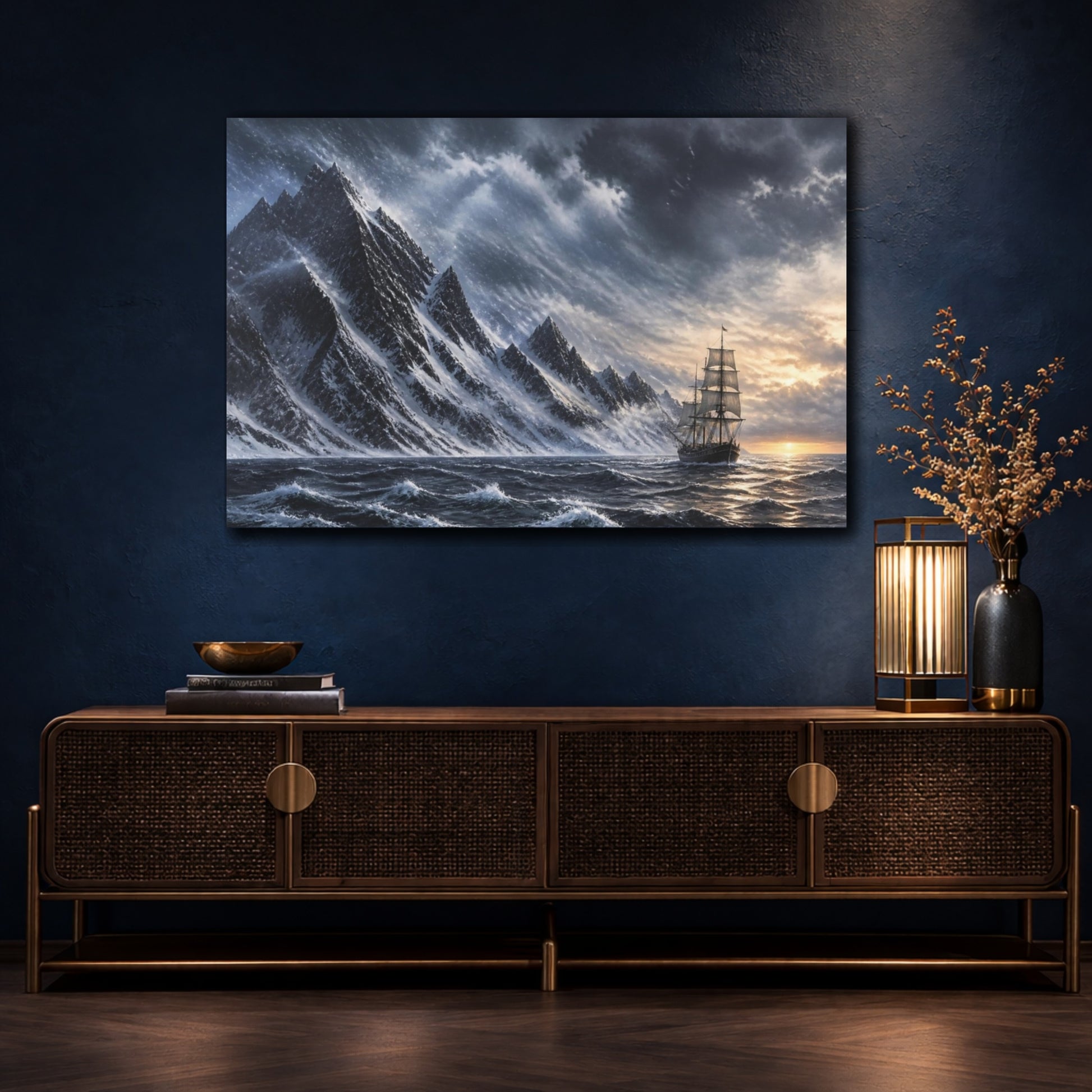 Mockup 4. Voyage Past Snow Peaks shown as canvas print