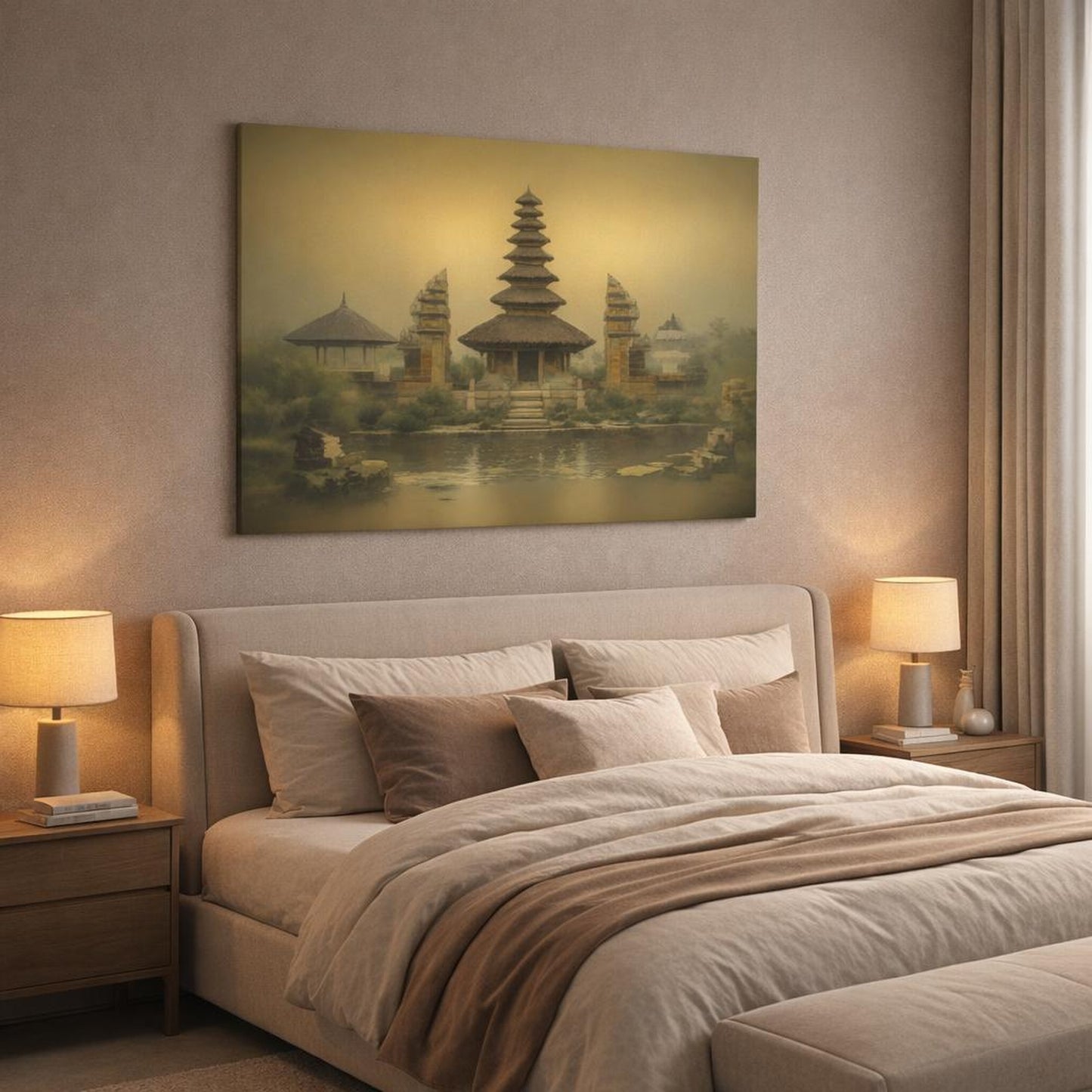 Wabi Sabi Bali Temple shown as canvas wall art in a luxury bedroom