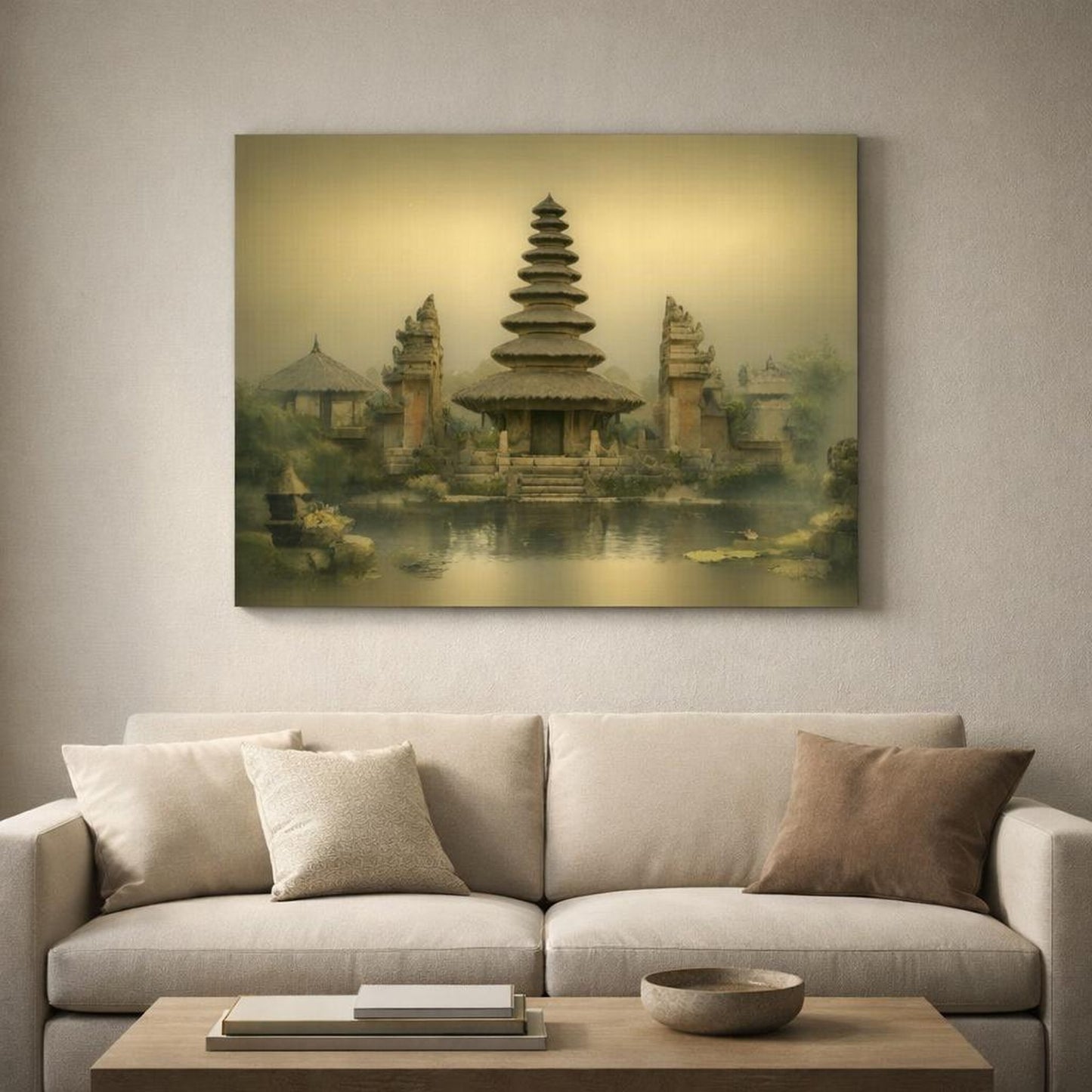 Wabi Sabi Bali Temple shown as canvas wall art in a luxury executive office