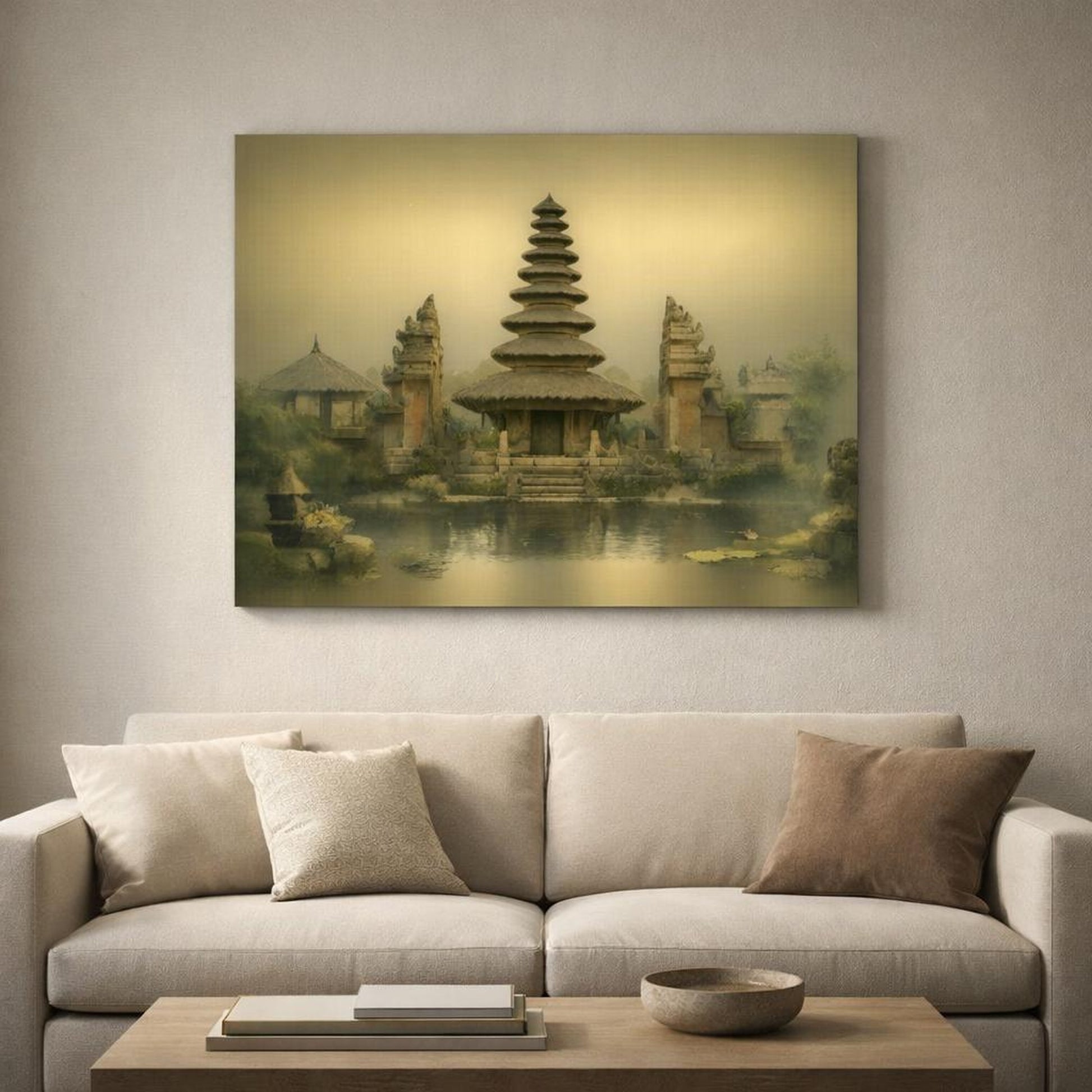 Wabi Sabi Bali Temple shown as canvas wall art in a luxury executive office