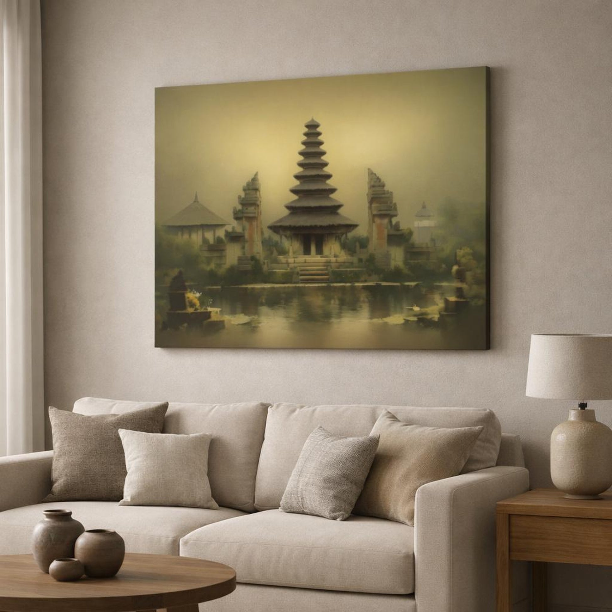 Wabi Sabi Bali Temple shown as canvas wall art in a modern living room